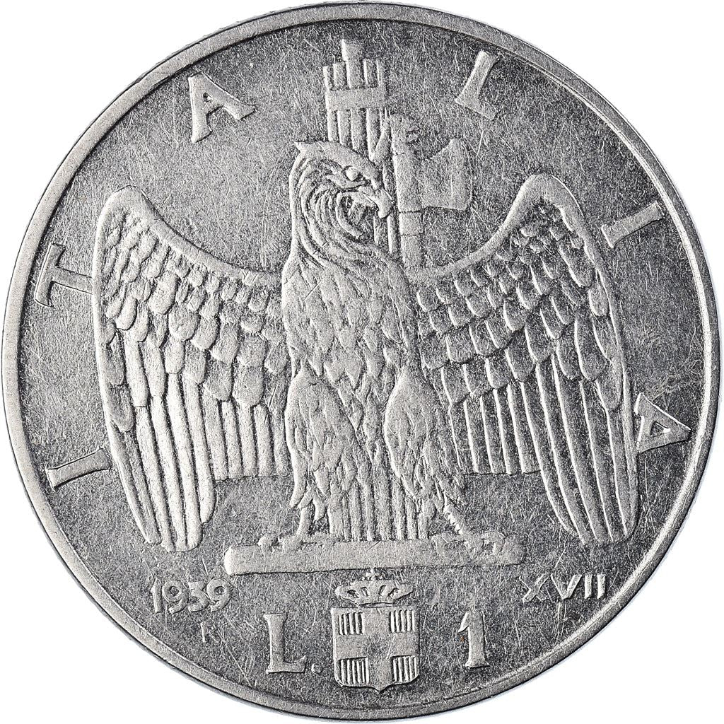 Italy Coin 1 Lira - Vittorio Emanuele III | Eagle | Fasces | Axe | Savoy Shield | KM77b | 1939 - 1943
