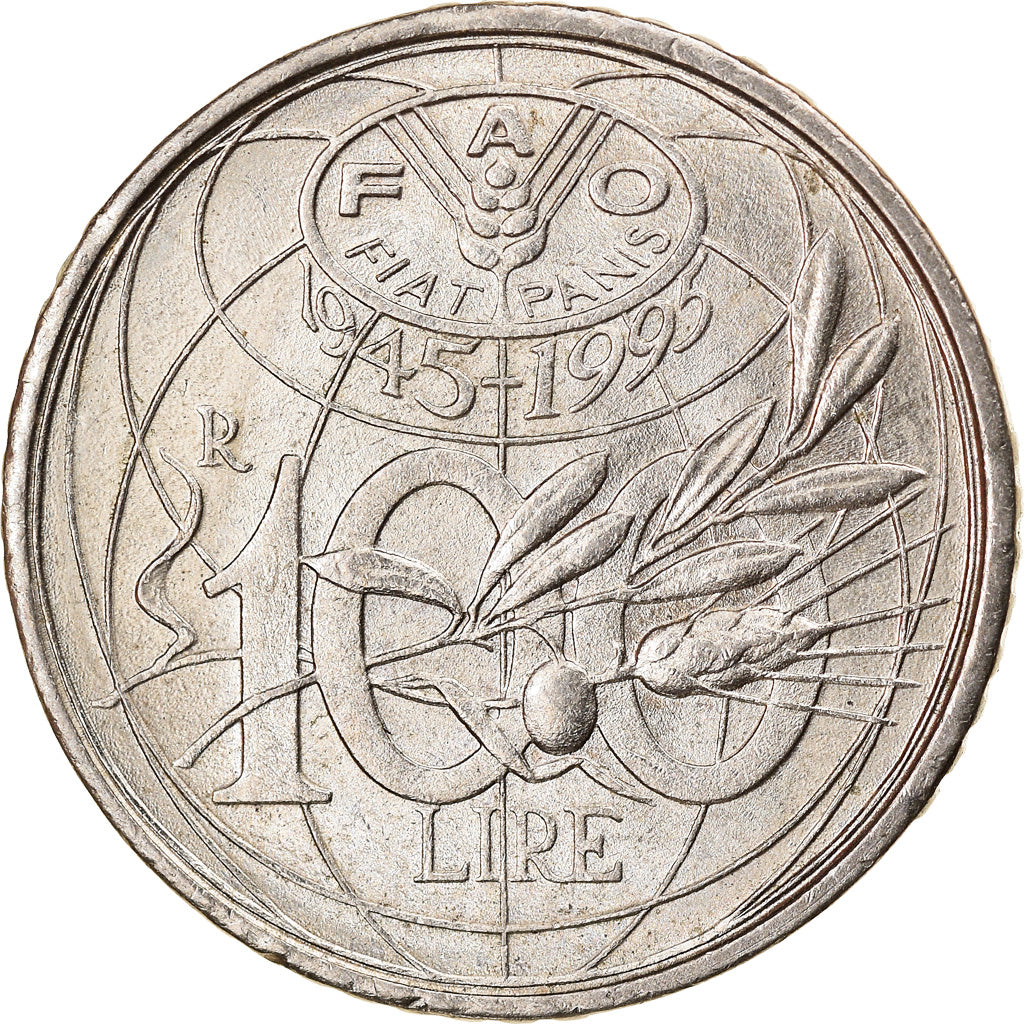 Italy Coin 100 Lire FAO | Olive Branch | Terrestrial Globe | Crown | KM180 | 1995