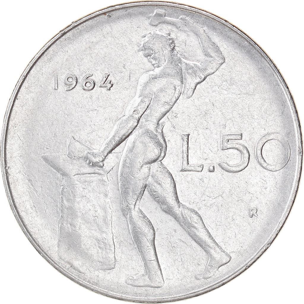 Italy Coin 50 Lire large type | God Vylcan | Anvil | Iron | Libertine | KM95.1 | 1954 - 1989