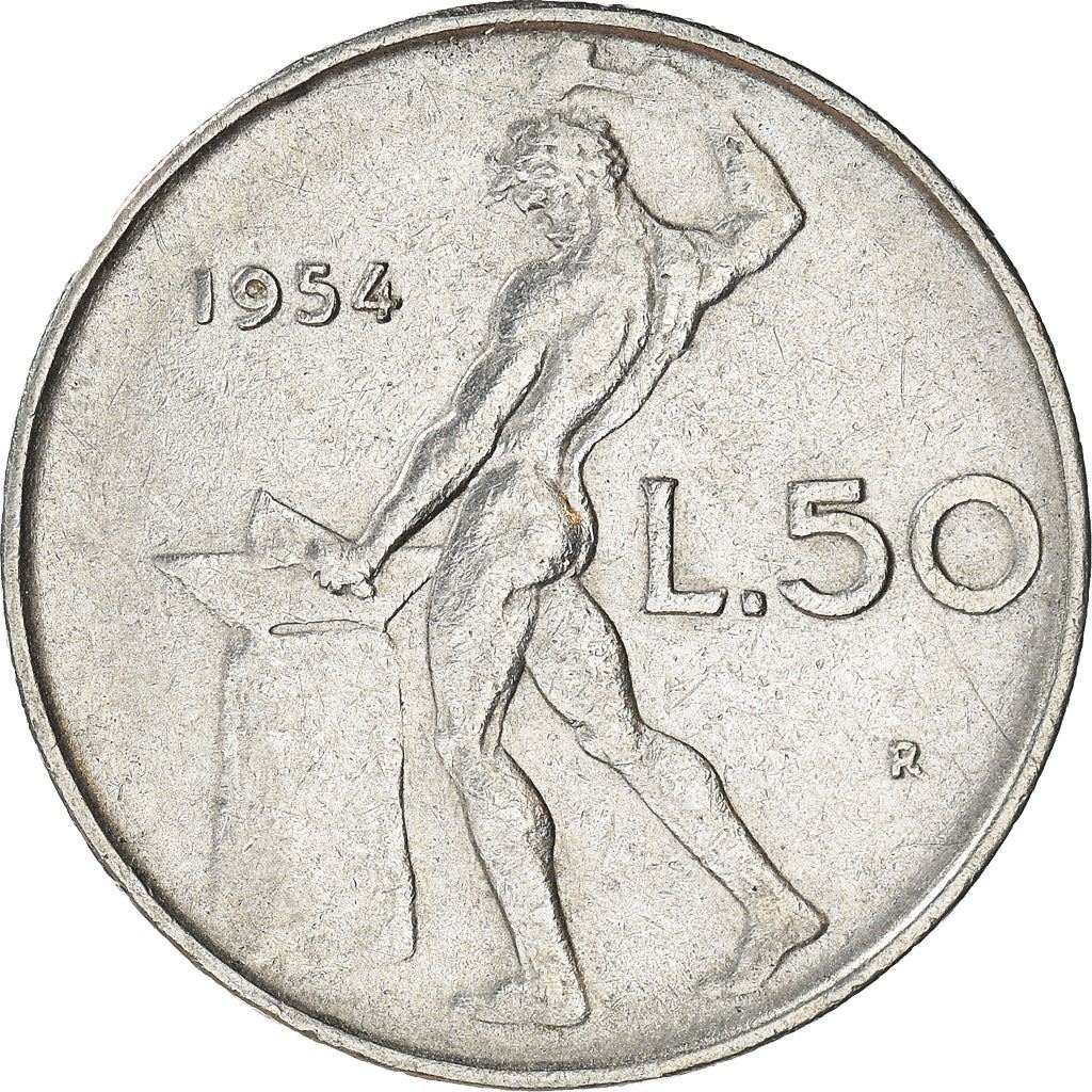 Italy Coin 50 Lire large type | God Vylcan | Anvil | Iron | Libertine | KM95.1 | 1954 - 1989