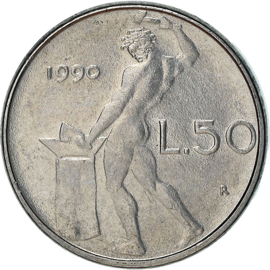 Italy Coin 50 Lire small type | Libertine | God Vulcan | Iron | Anvil | KM95.2 | 1990 - 1995