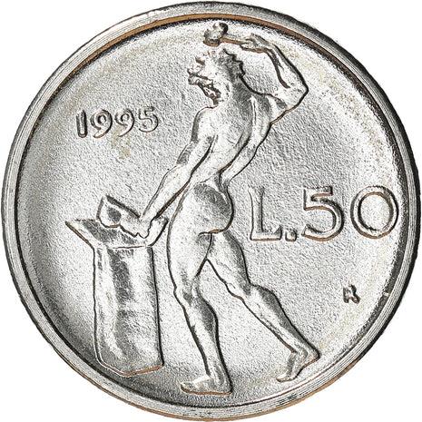 Italy Coin 50 Lire small type | Libertine | God Vulcan | Iron | Anvil | KM95.2 | 1990 - 1995