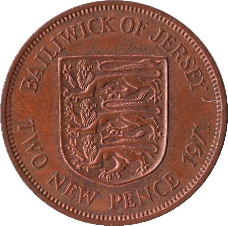 Jersey 2 New Pence Coin | Queen Elizabeth II | Shield | KM31 | 1971 - 1980