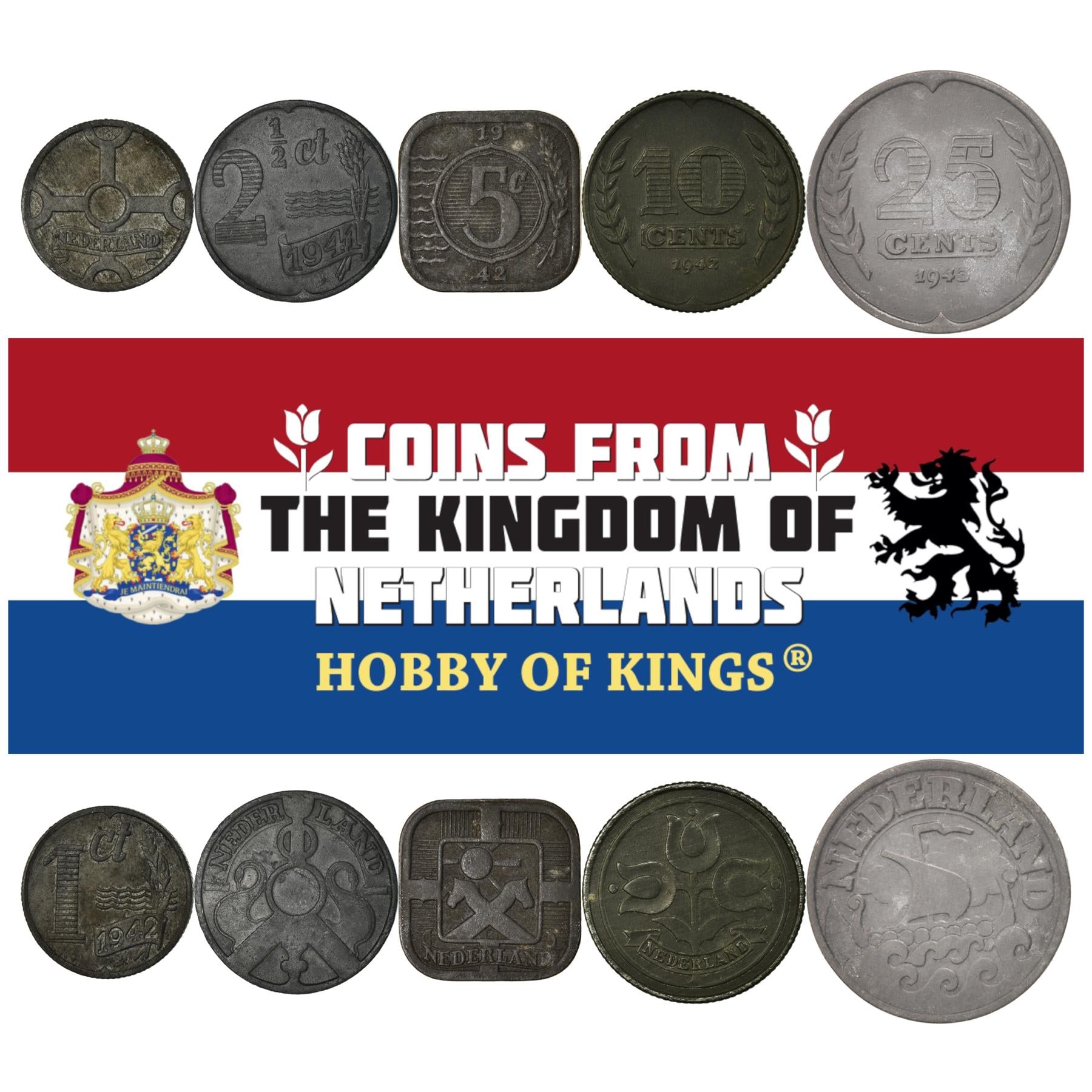 Netherlands 5 Coin Set 1 2½ 5 10 25 Cents | Swans | Tulips | Netherlands | 1941 - 1944