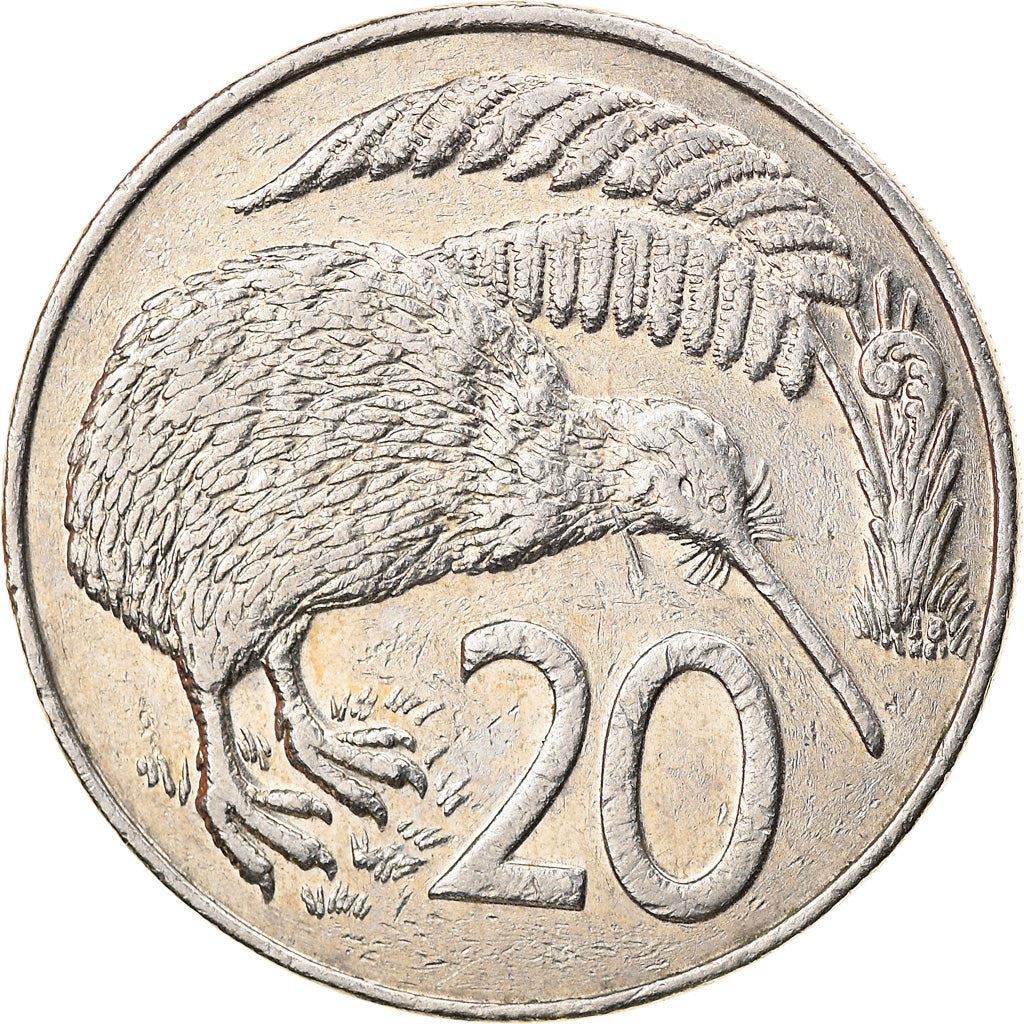 New Zealander 20 Cents Mønt | Dronning Elizabeth II | Kiwi Fugl | KM62 | 1986 - 1989