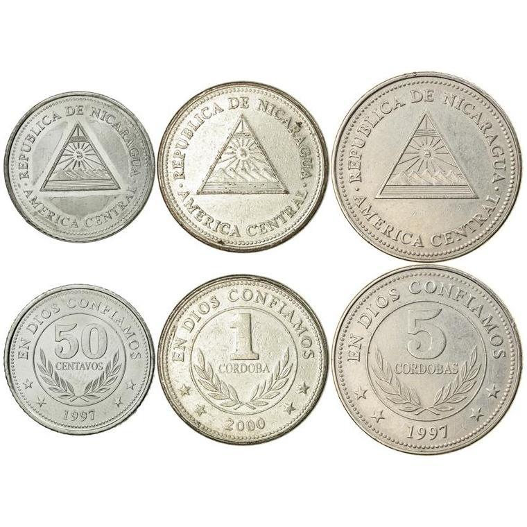Nicaragua | 3 Coin Set | 50 Centavos 1 5 Cordobas | Rainbow | Volcano | 1997 - 2000