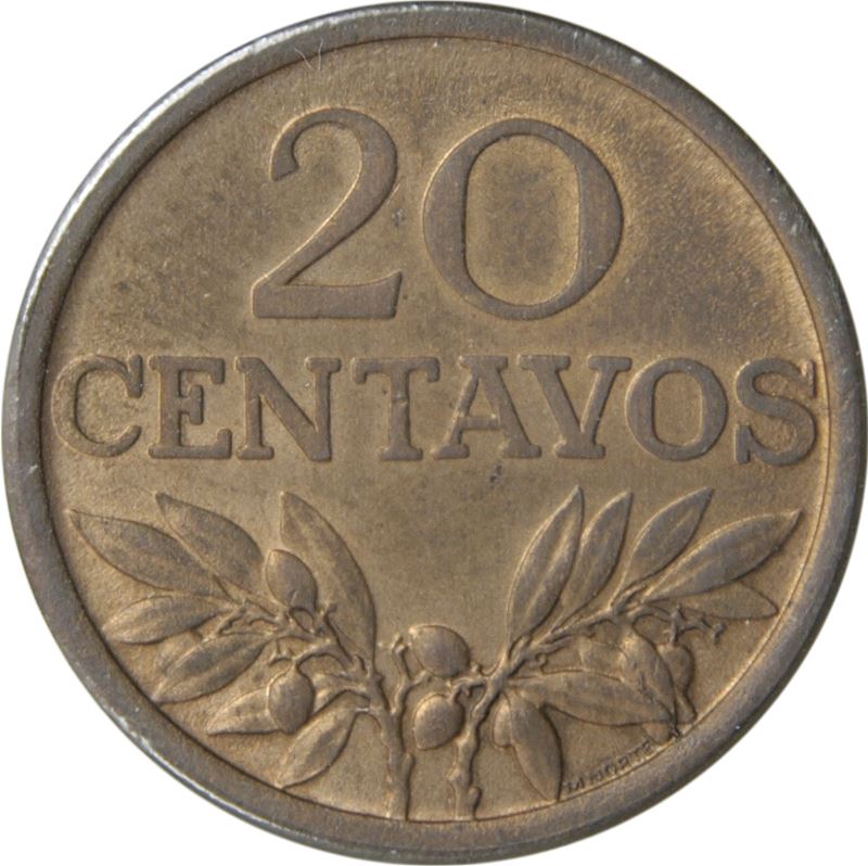 Portugal | 20 Centavos Coin | Olive Branch | Cross | KM595 | 1969 - 1974