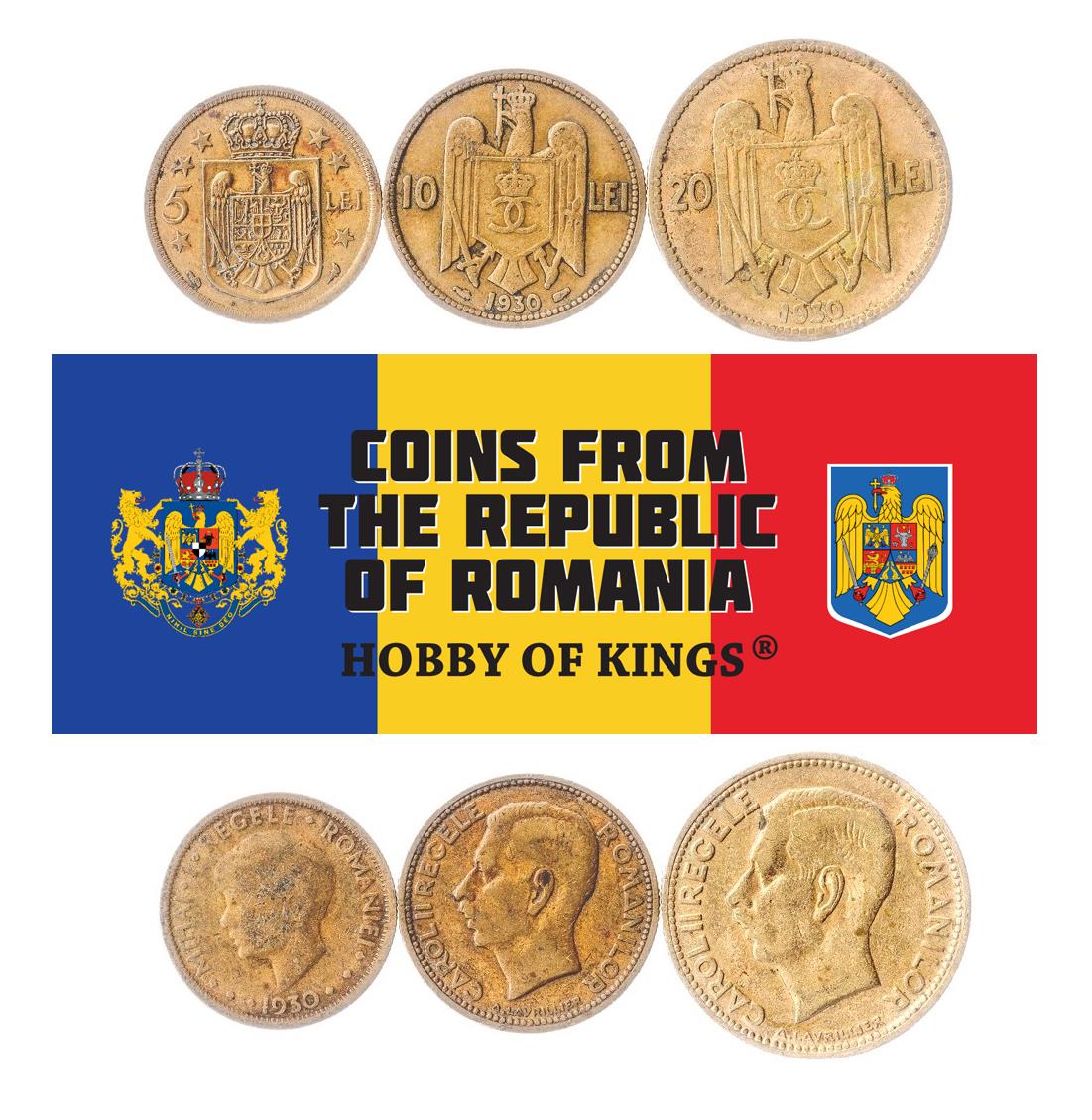 Romanian 3 Coin Set 5 10 20 Lei | Eagle | Mihai I | Carol II | 1930