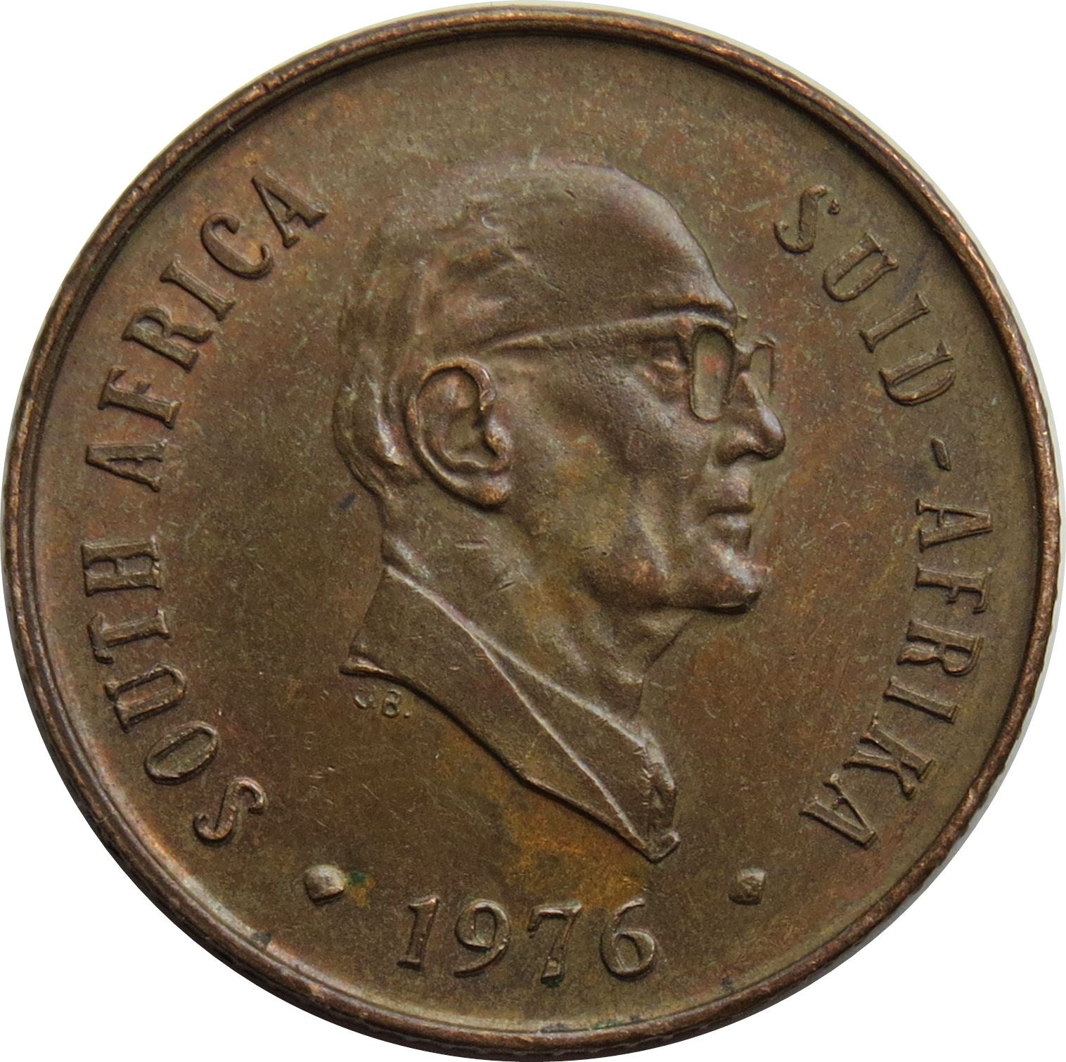 Moneda de 2 centavos de Sudáfrica | Jacobus J. Fouché | KM92 | 1976