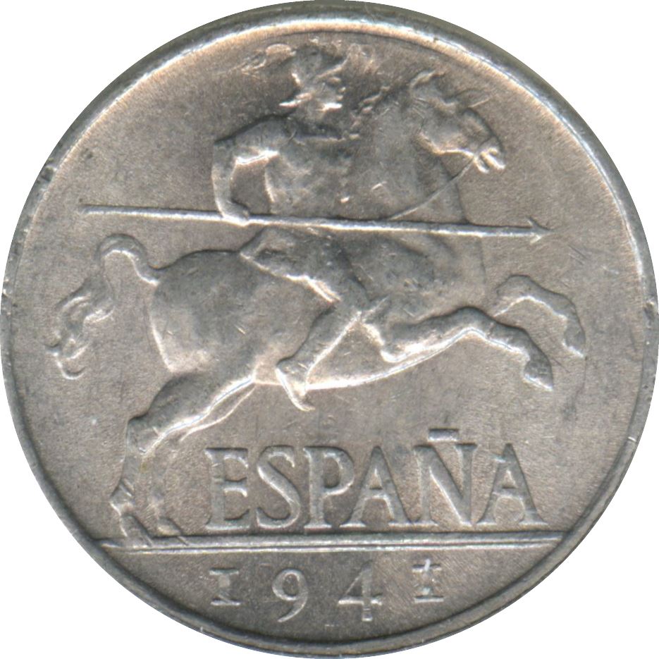 Spain 5 Centimos - Iberian Rider Coin 1940 - 1953 KM 765