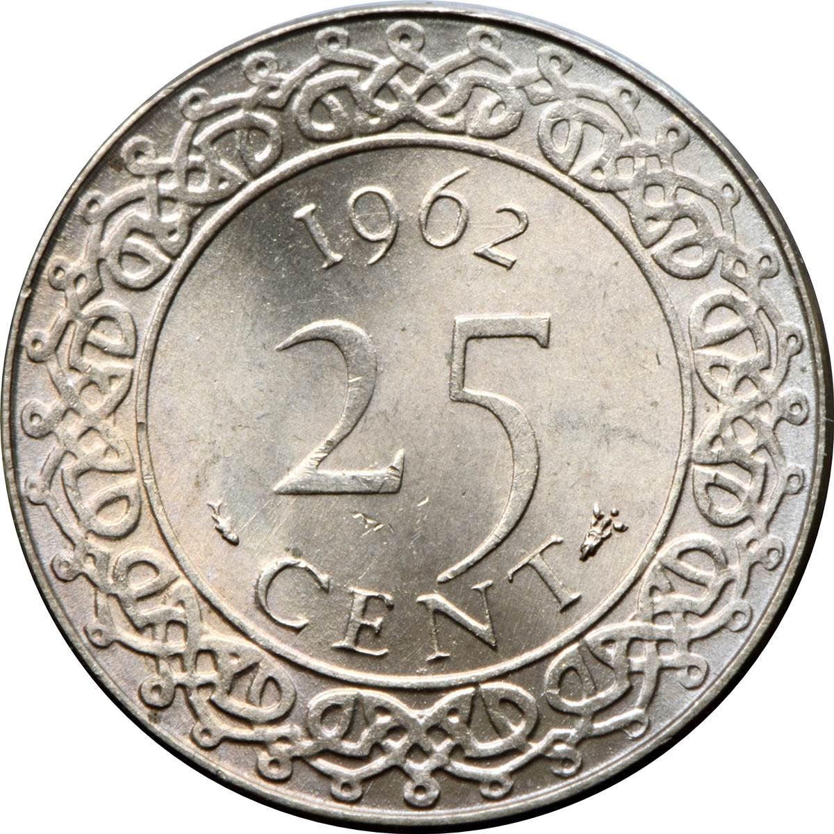 Suriname | 25 Cents Coin | Natives | Wreath | Km:14 | 1962 - 1986