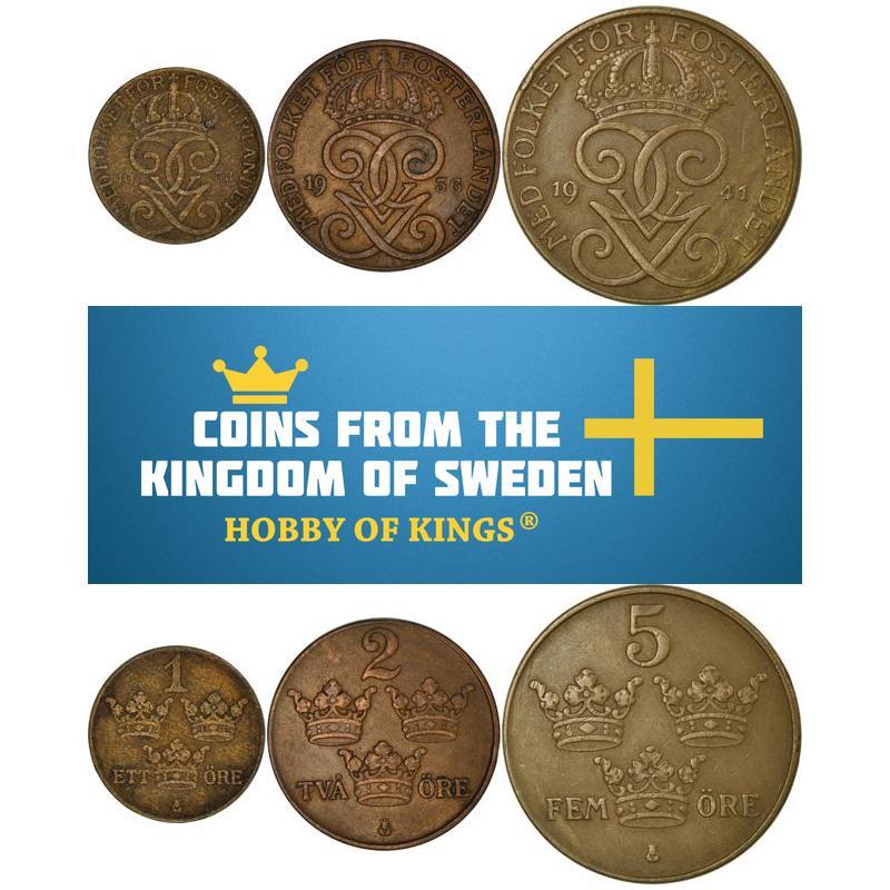 Swedish 3 Coin Set 1 2 5 Ore | Three Crowns | Sweden | 1909 - 1950