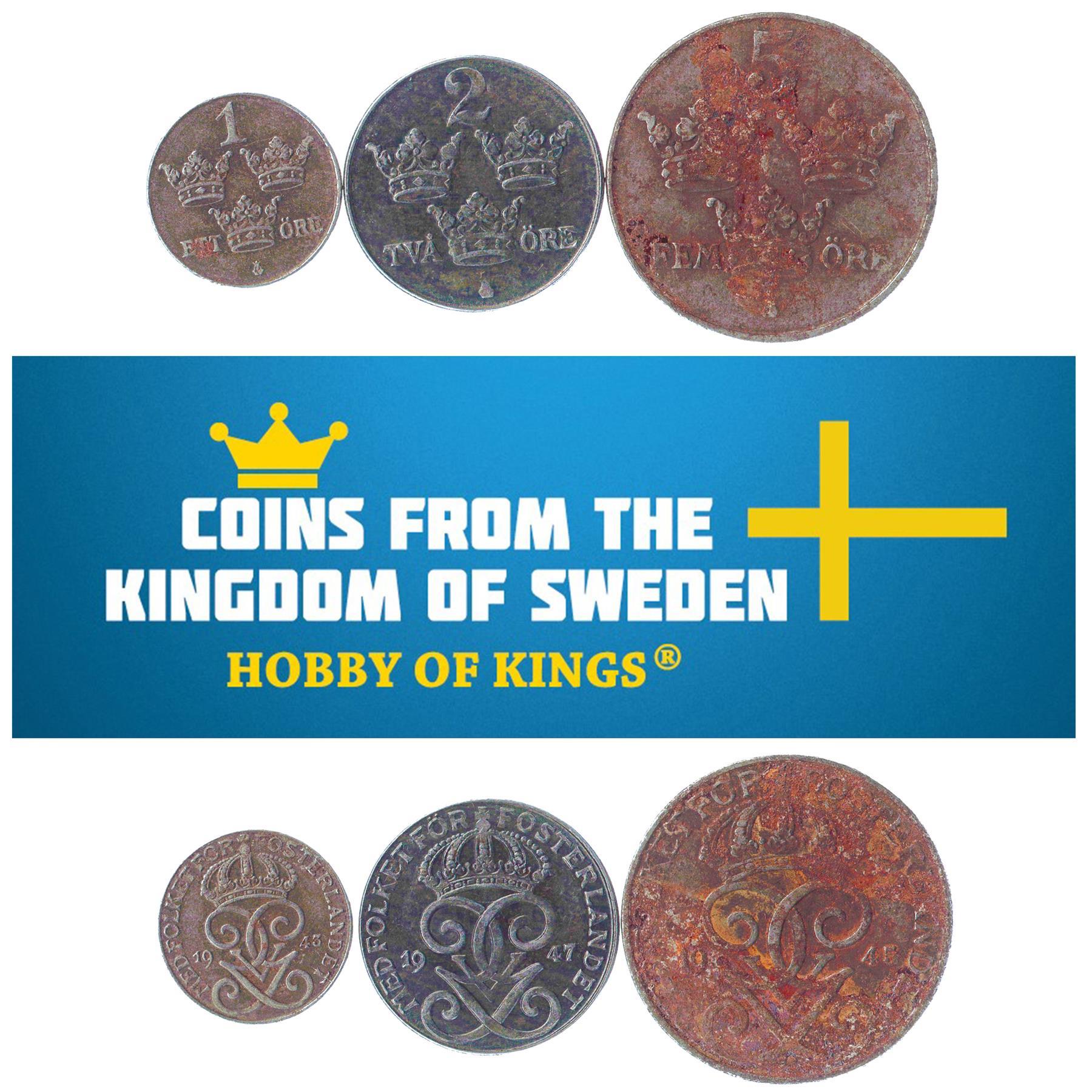 Swedish 3 Coin Set 1 2 5 Öre | Three Crowns | Sweden | 1942 - 1950