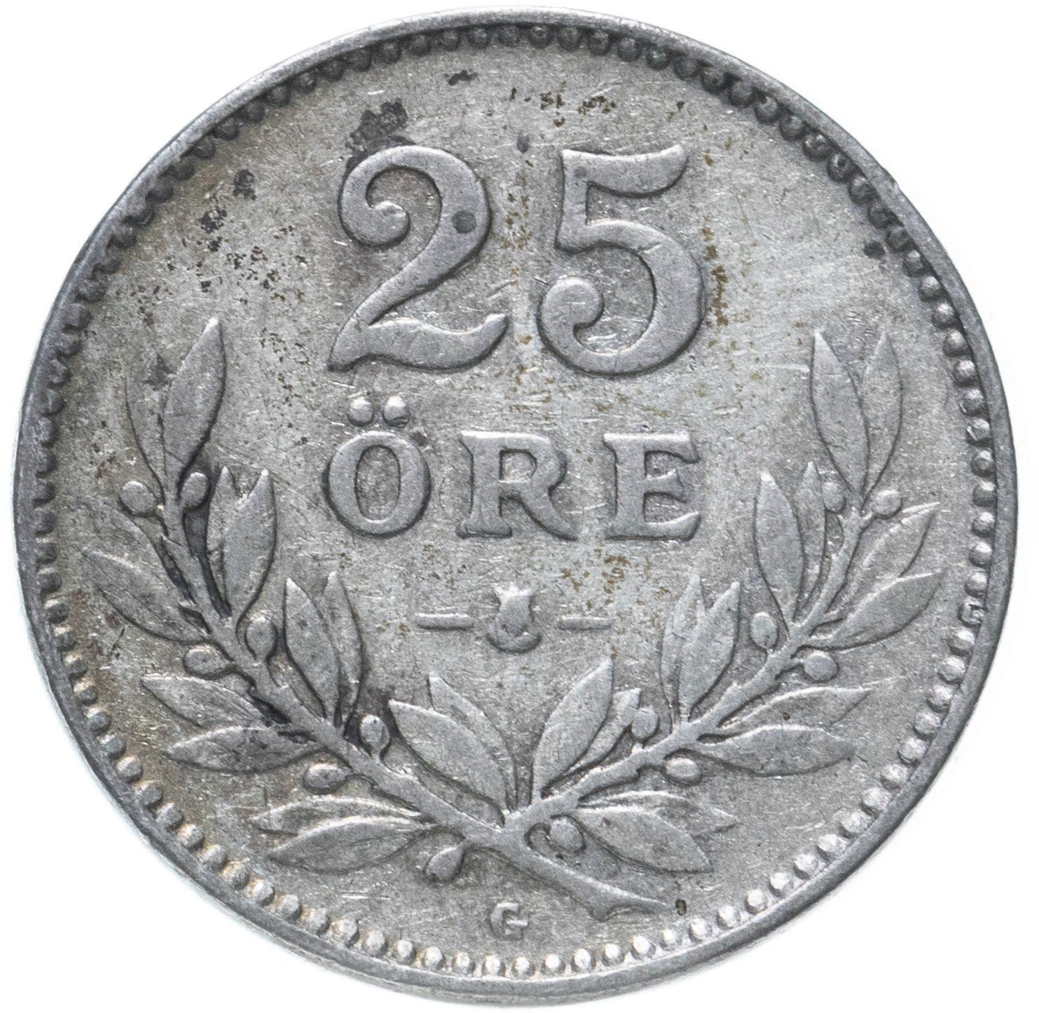 Swedish Coin 25 Öre | King Gustaf V | Shield | Sweden | 1910 - 1941