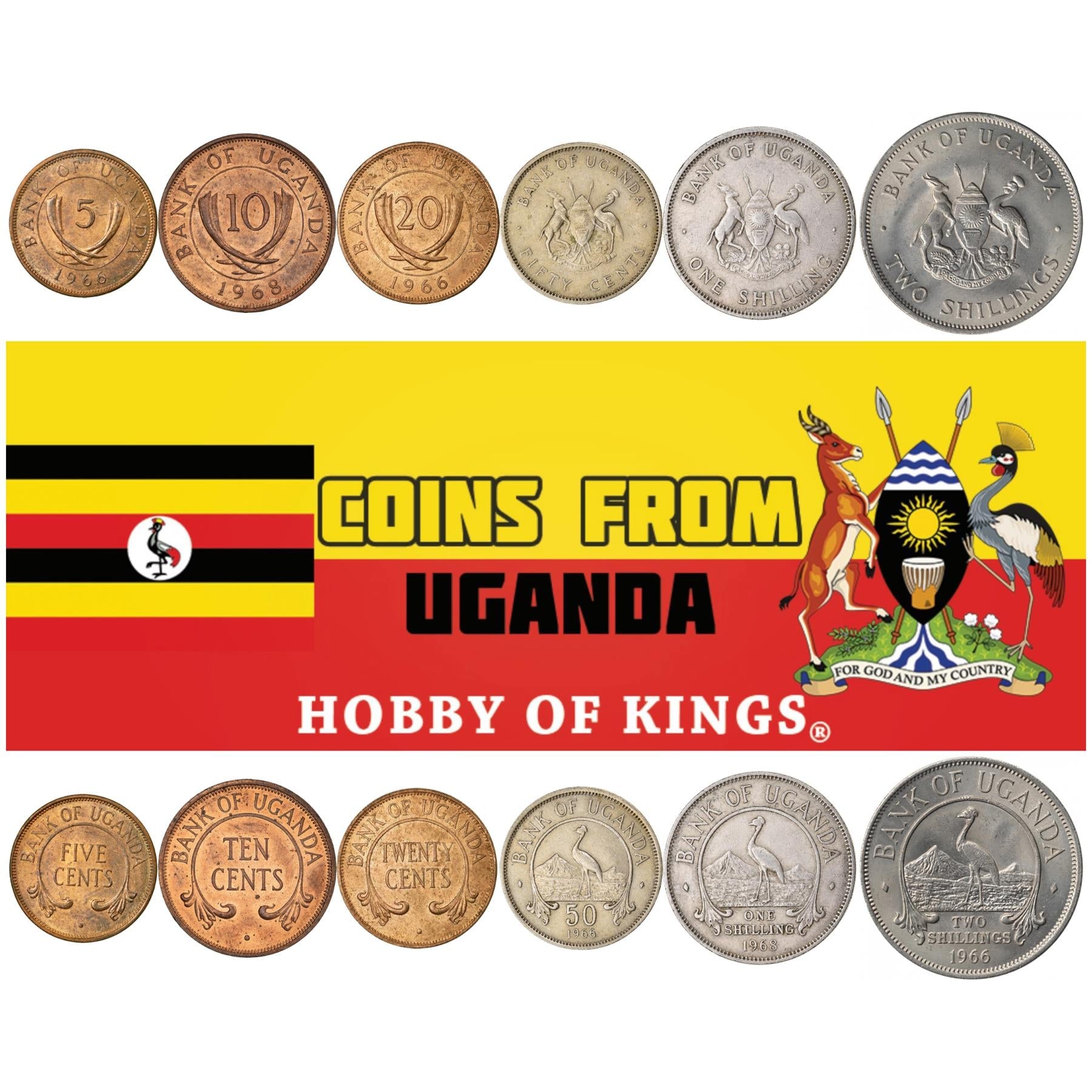 Ugandan 6 Coin Set 5 10 20 50 Cents 1 2 Shillings | Grey Crowned Crane | Uganda | 1966 - 1975