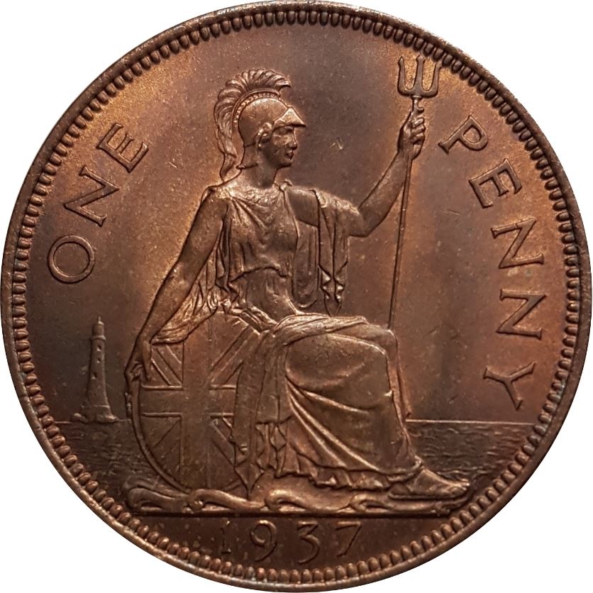 United Kingdom | 1 Penny Coin | Britannia | KM:845 | 1937 - 1948