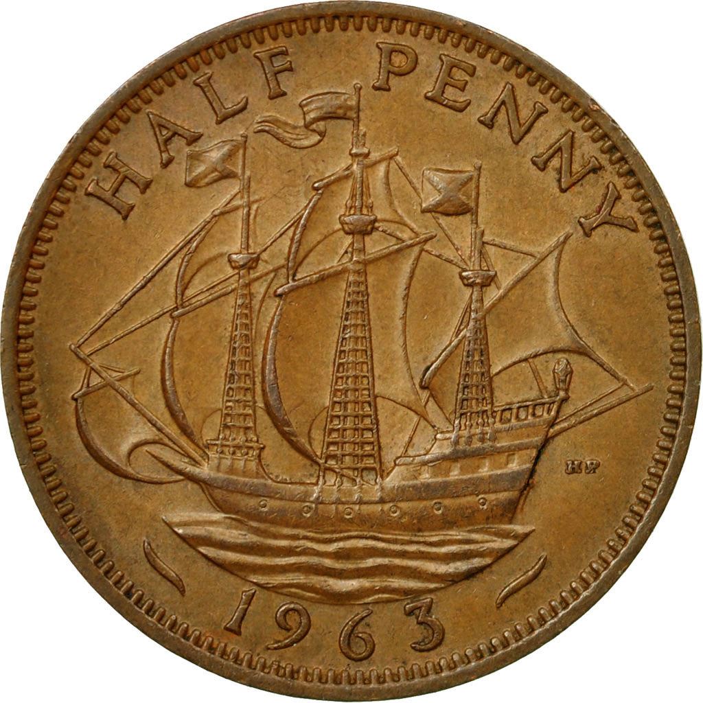 United Kingdom | 1/2 Penny Coin | Three-masted ship | KM:896 | 1954 - 1970