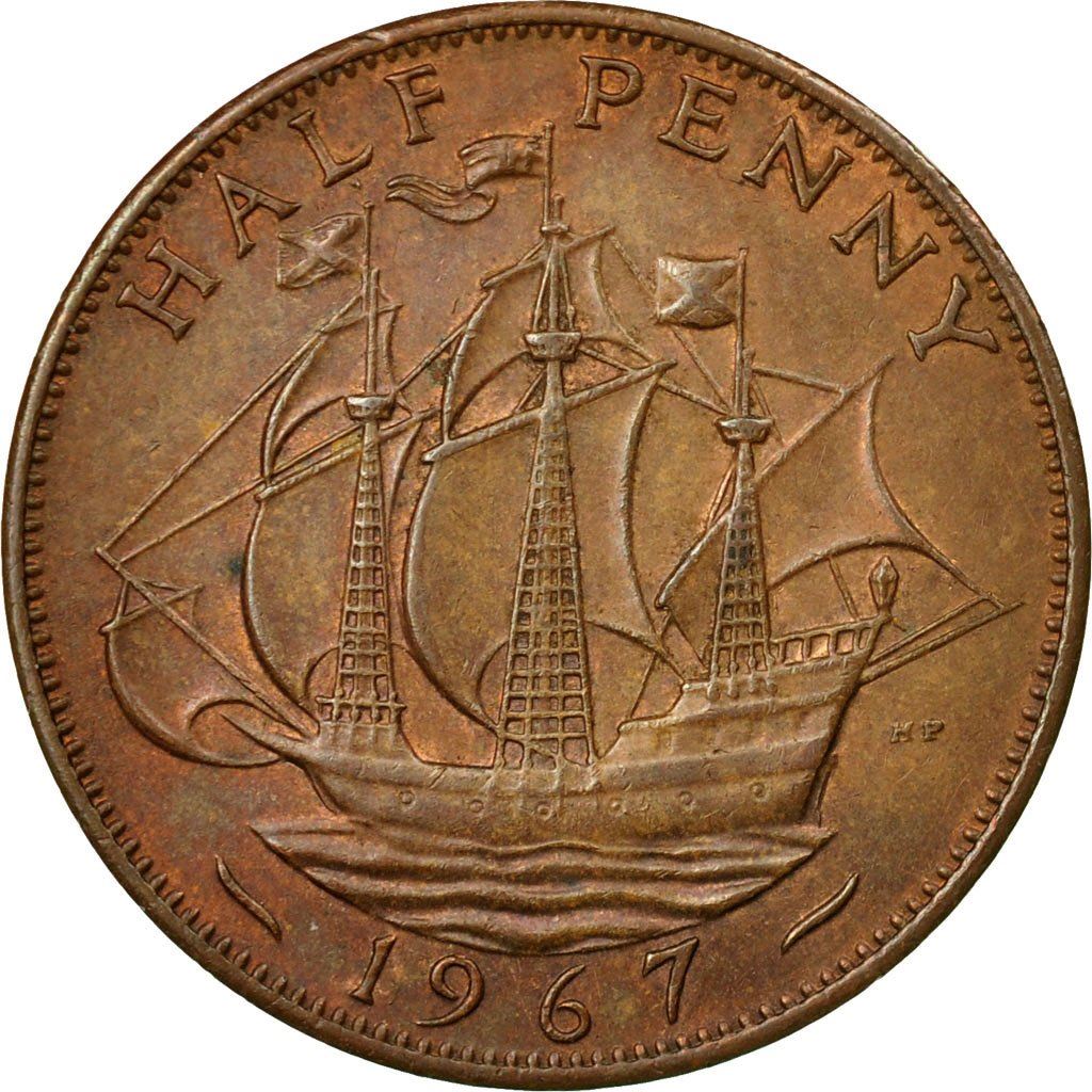 United Kingdom | 1/2 Penny Coin | Three-masted ship | KM:896 | 1954 - 1970