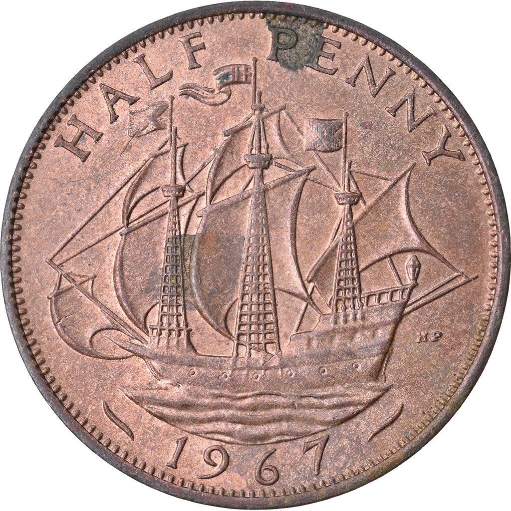 United Kingdom | 1/2 Penny Coin | Three-masted ship | KM:896 | 1954 - 1970