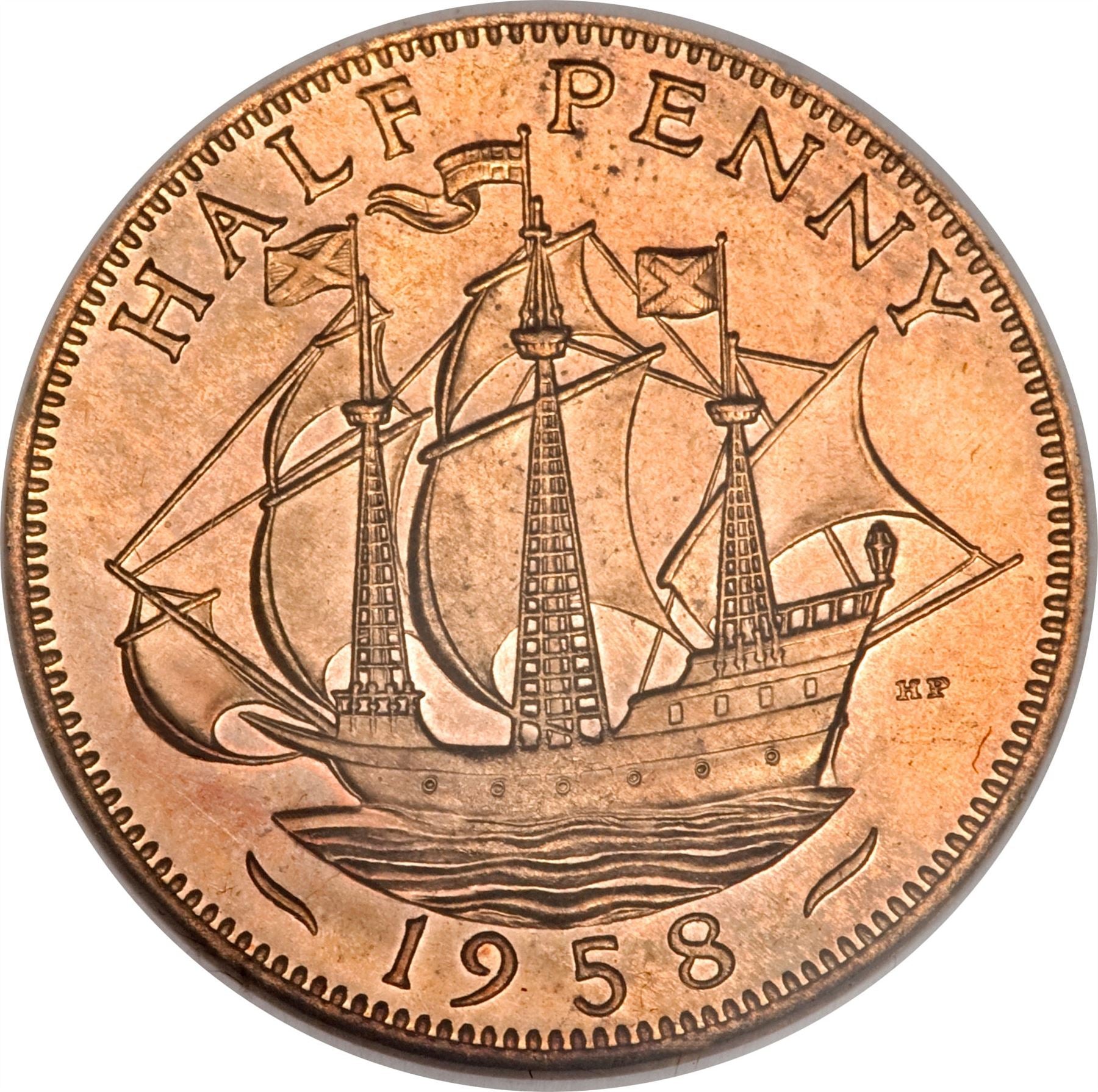 United Kingdom | 1/2 Penny Coin | Three-masted ship | KM:896 | 1954 - 1970