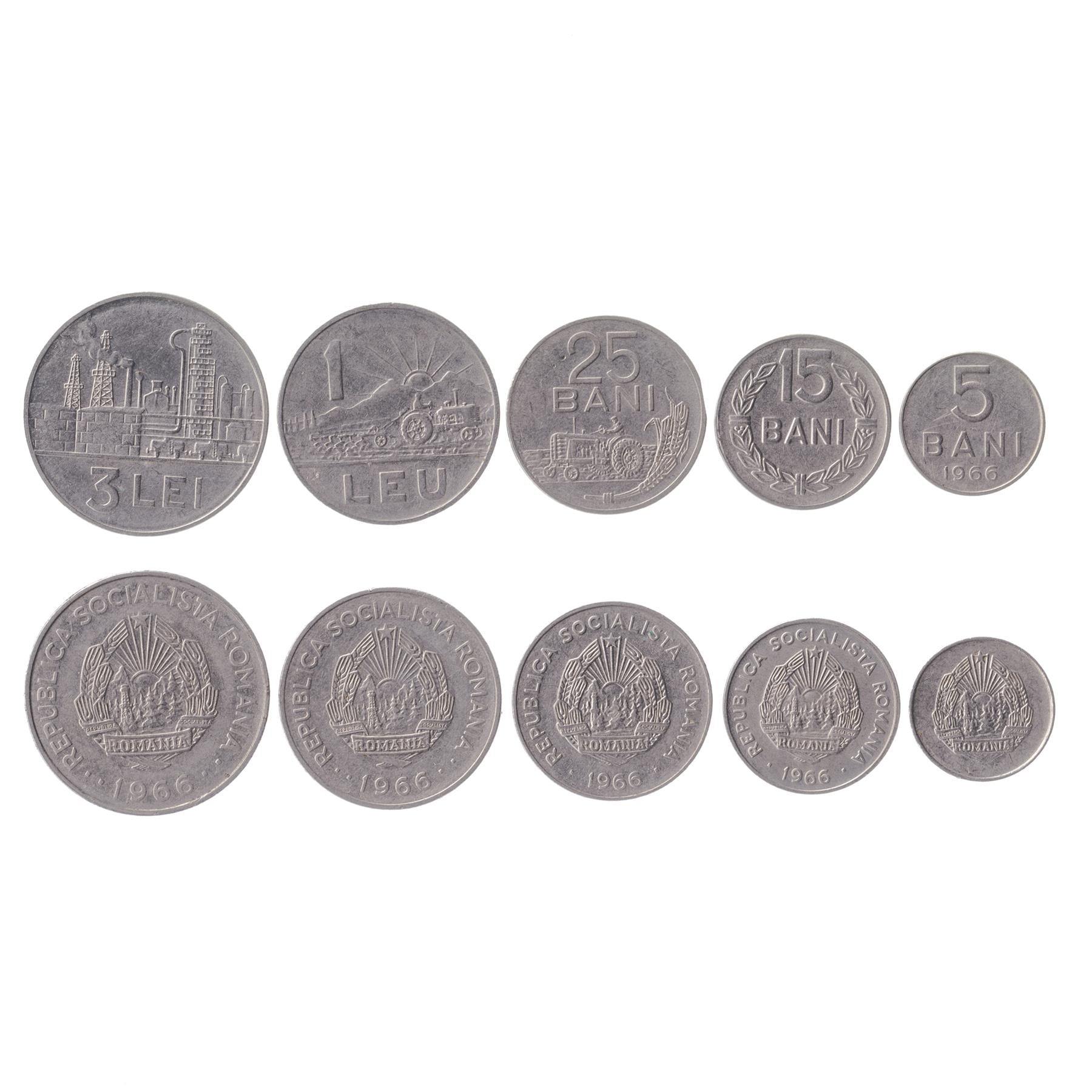 Romanian 5 Coin Set 5 15 25 Bani 1 3 Lei | Olive Leave | Tractor | Mountain | Sun | 1966