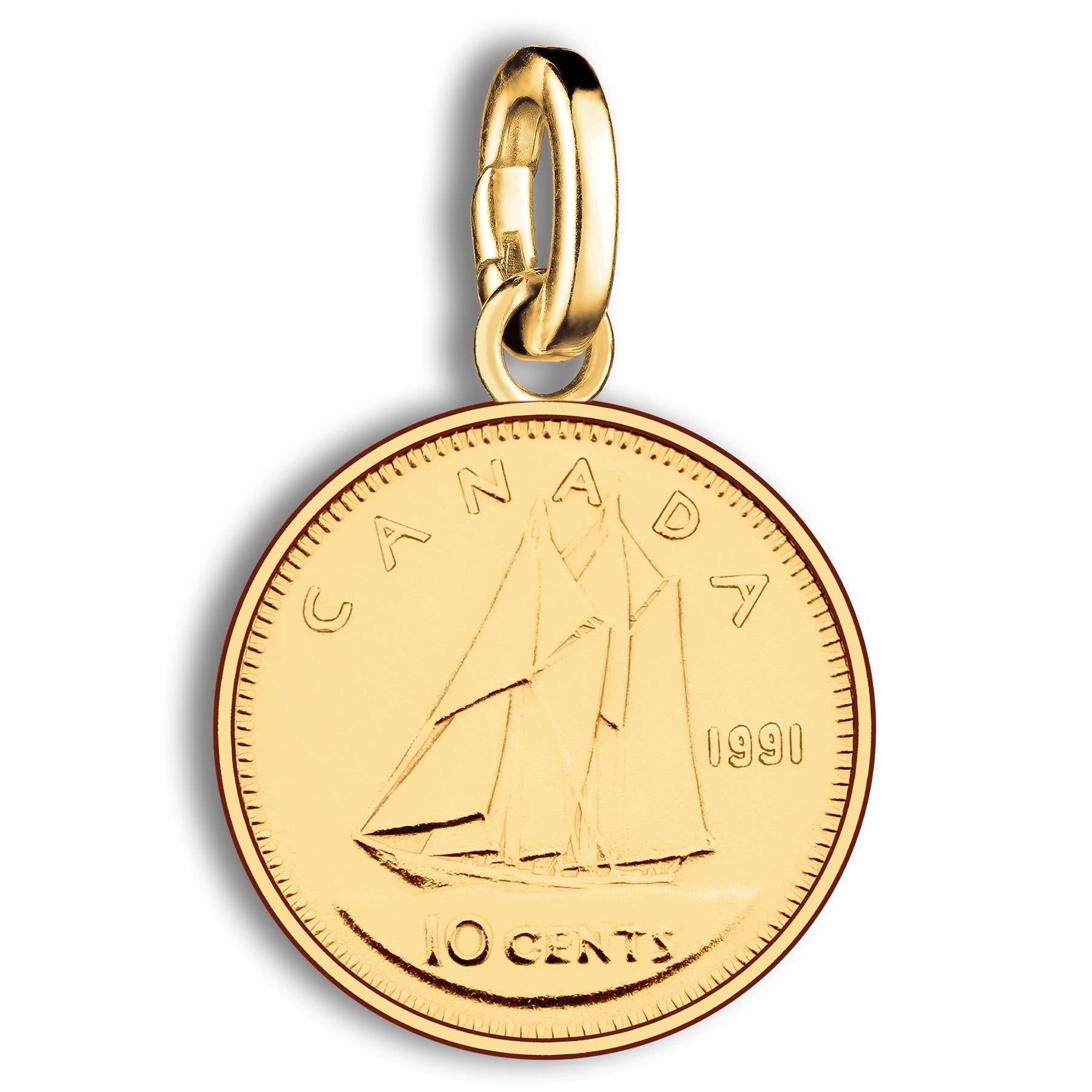 Canadian 10 Cents Coin Charm | 925 Sterling Silver 18K Gold Plated | 1990 - 2003