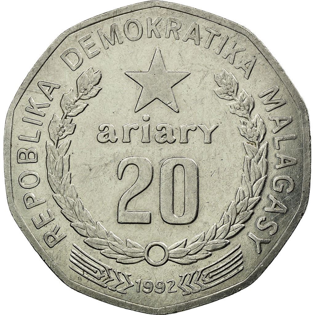 Madagascar | 20 Ariary Coin | Star | Tractor | Farmer | Km:19 | 1992