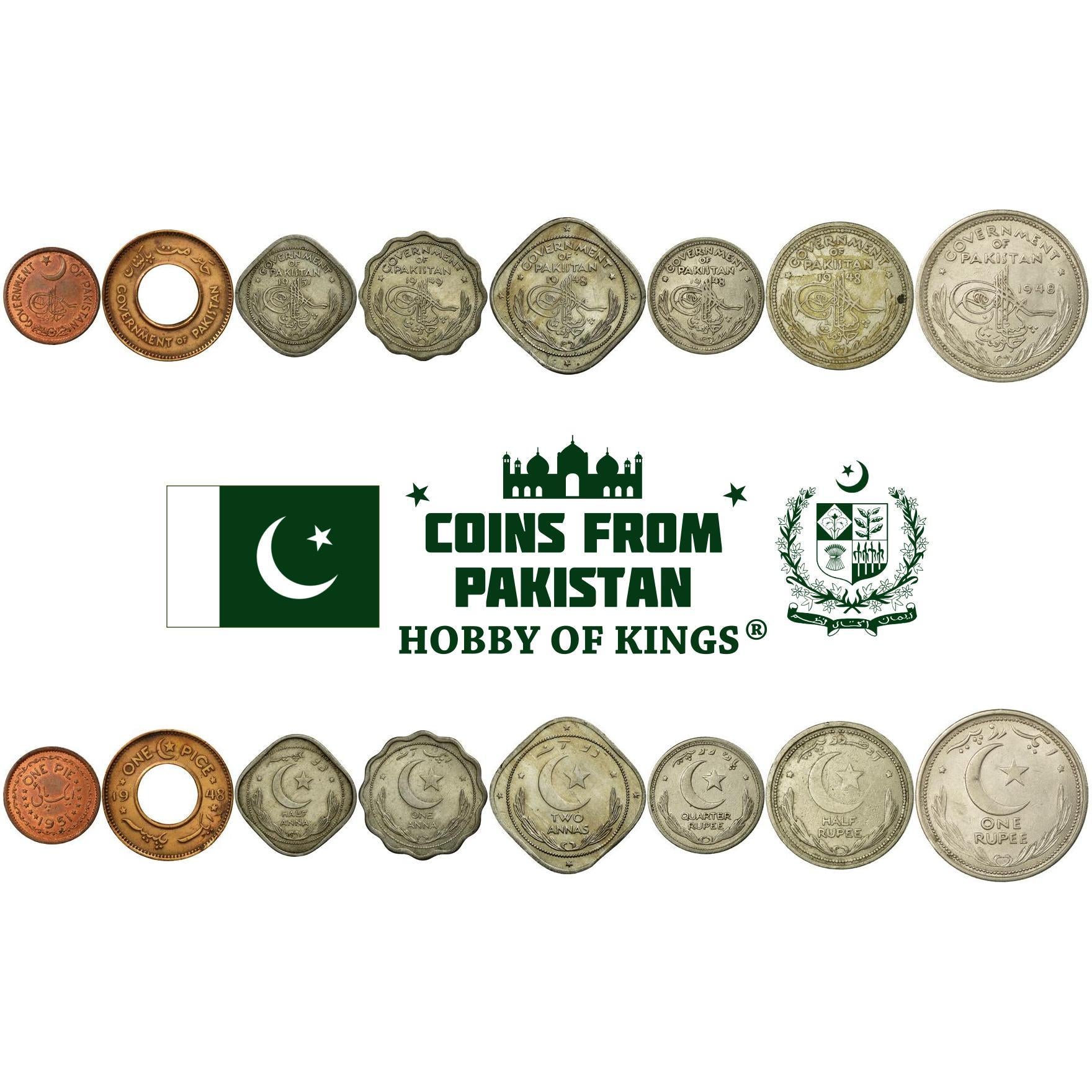 Set 8 Coins Pakistan 1 Pie 1 Pice 1/2 1 2 Annas 1/4 1/2 1 Rupees 1948 - 1952