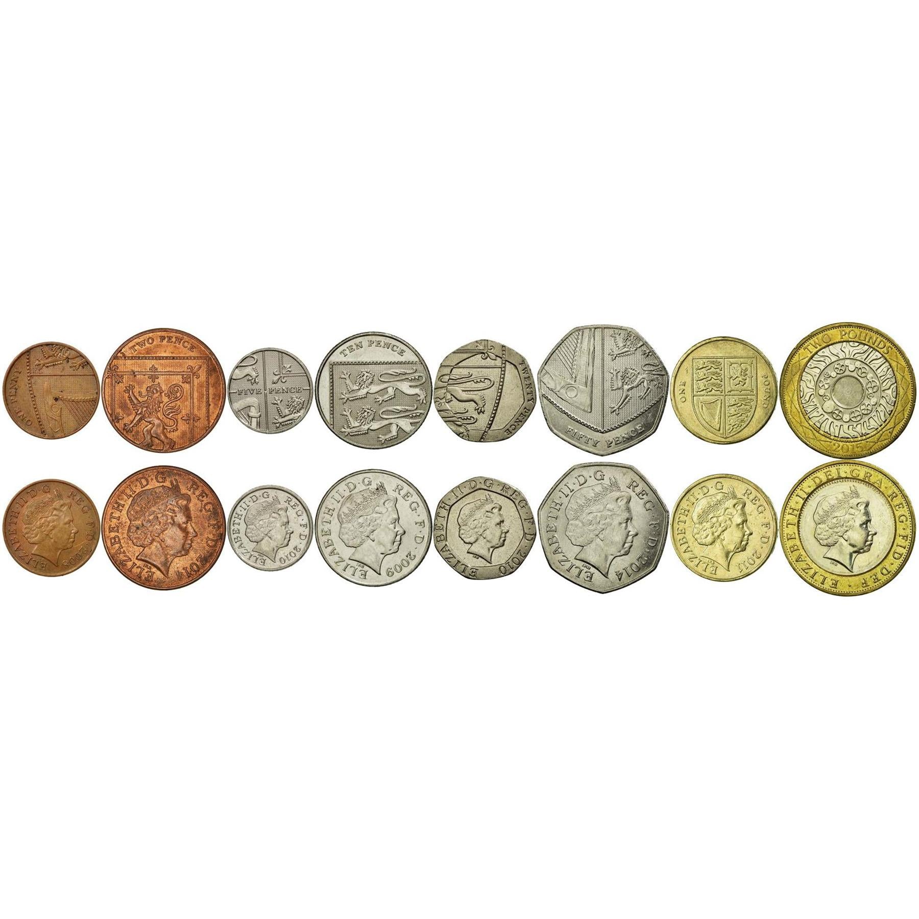 United Kingdom | 8 Coin Set | 1 Penny 2 5 10 20 50 Pence 1 Pound 2 Pounds | 2008 - 2015