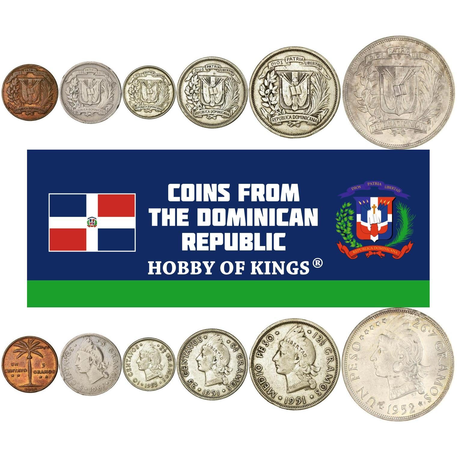 Dominican Republic | 6 Coin Set | 1 Centavo 5 10 25 Centavos 1/2 1 Peso | Palm Tree | Indian | Liberty | 1937 - 1961