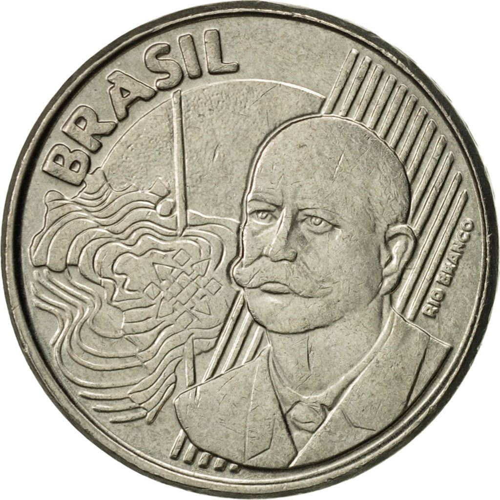 Brasil 50 Centavos Rio Branco; moeda de cobre-níquel KM651 1998 - 2001