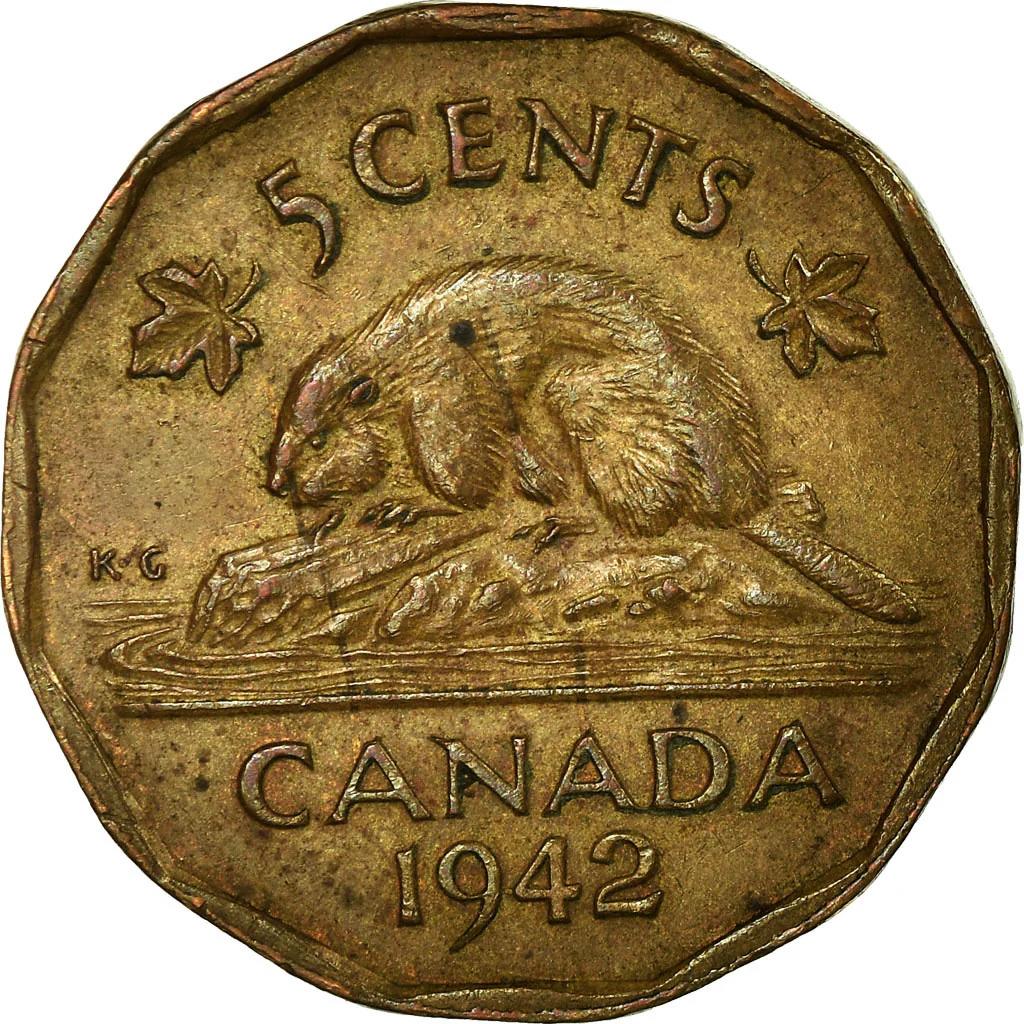 Canada 5 Cents Coin | King George VI | Beaver | Maple Leave | KM39 | 1942