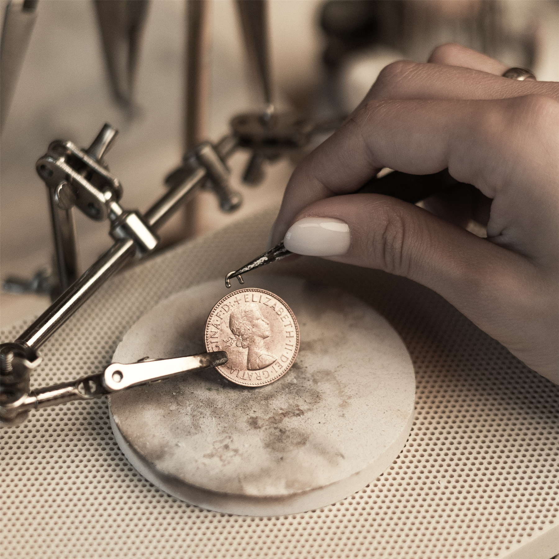 British Coin Necklace | Medallion Pendant Jewelry | Rhodium Plated 1/2 Penny | Queen Elizabeth II | 1954 - 1970