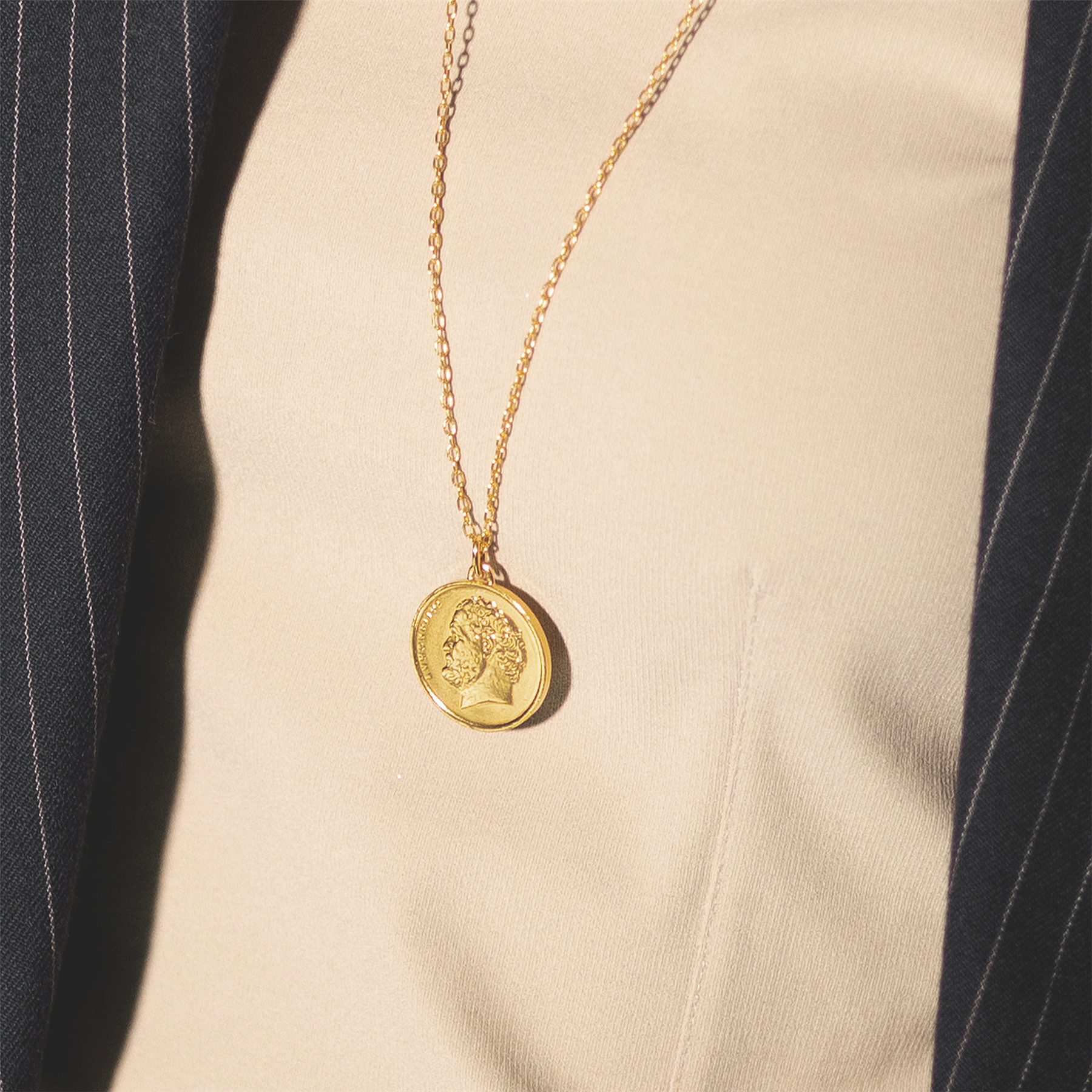 Greek Coin Necklace | Medallion Pendant Jewelry | 18K Gold Plated 10 Drachmes | Democritus | 1976 - 2000