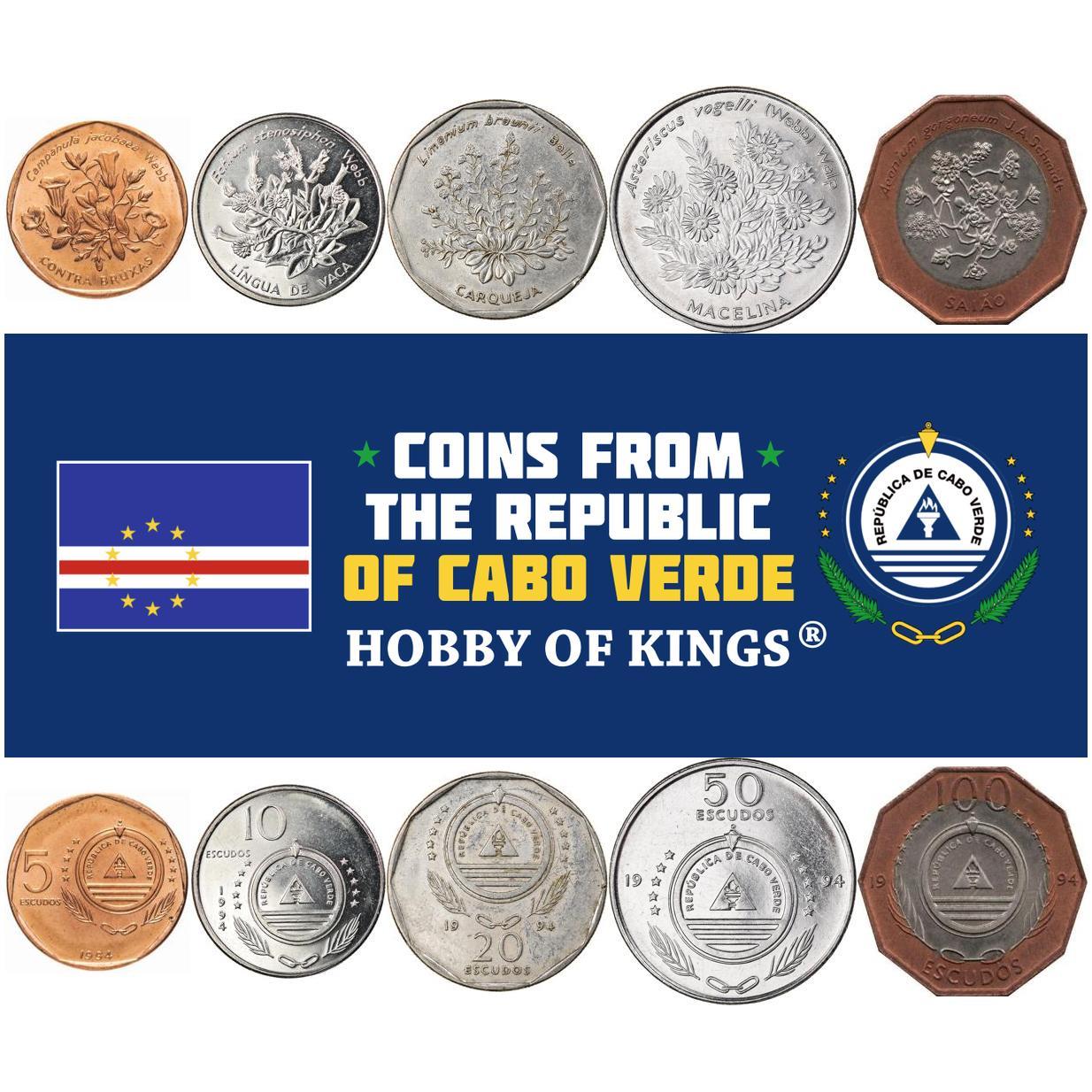 Kaapverdië | Set van 5 Munten | 5 10 20 50 100 Escudo's | Planten | Bloem | Tegen Hekserij | Koeientong | Bloemen | Brem | Macela | Saiao | 1994