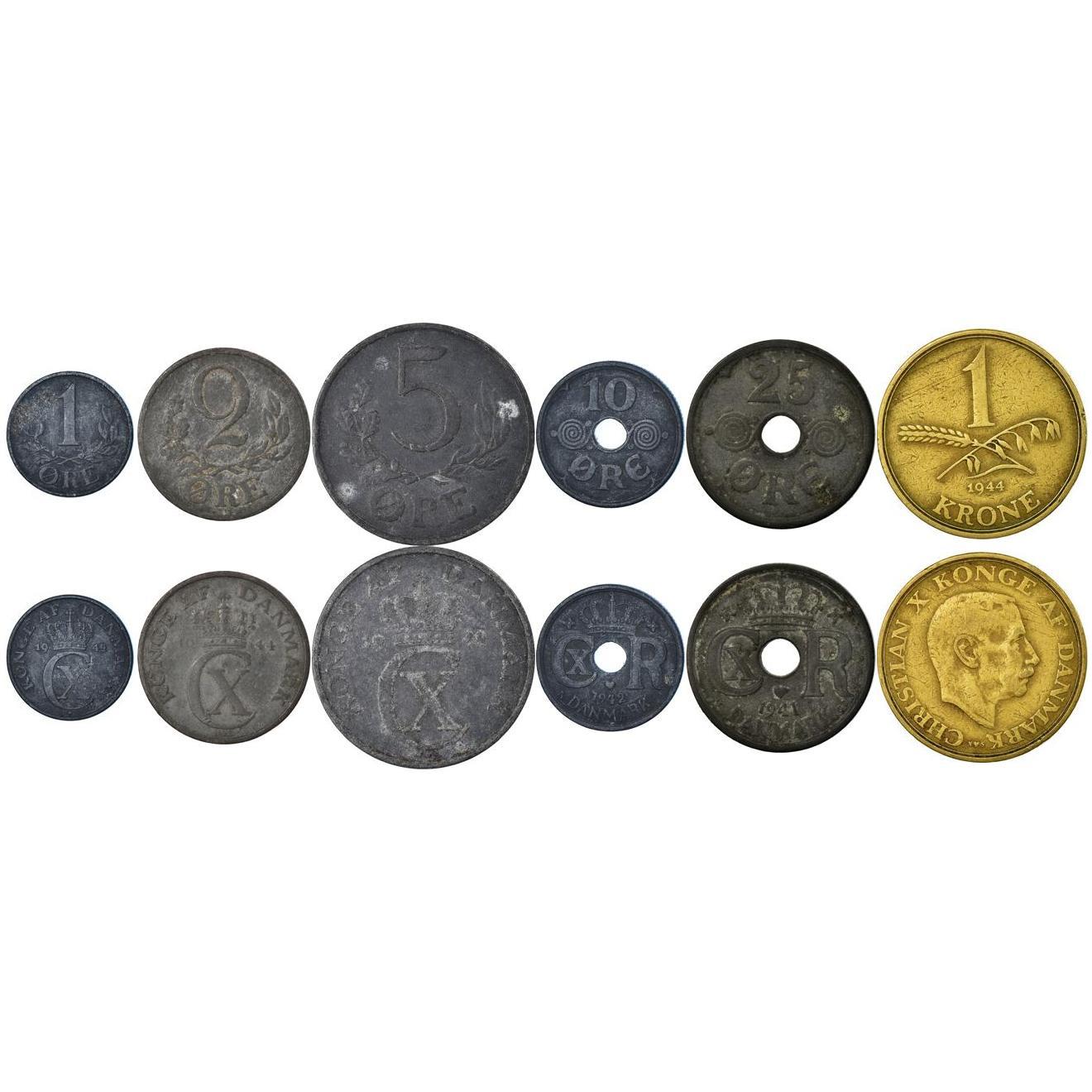 Denmark | 6 Coin Set | 1 2 5 10 25 Ore 1 Krone | 1941 - 1947