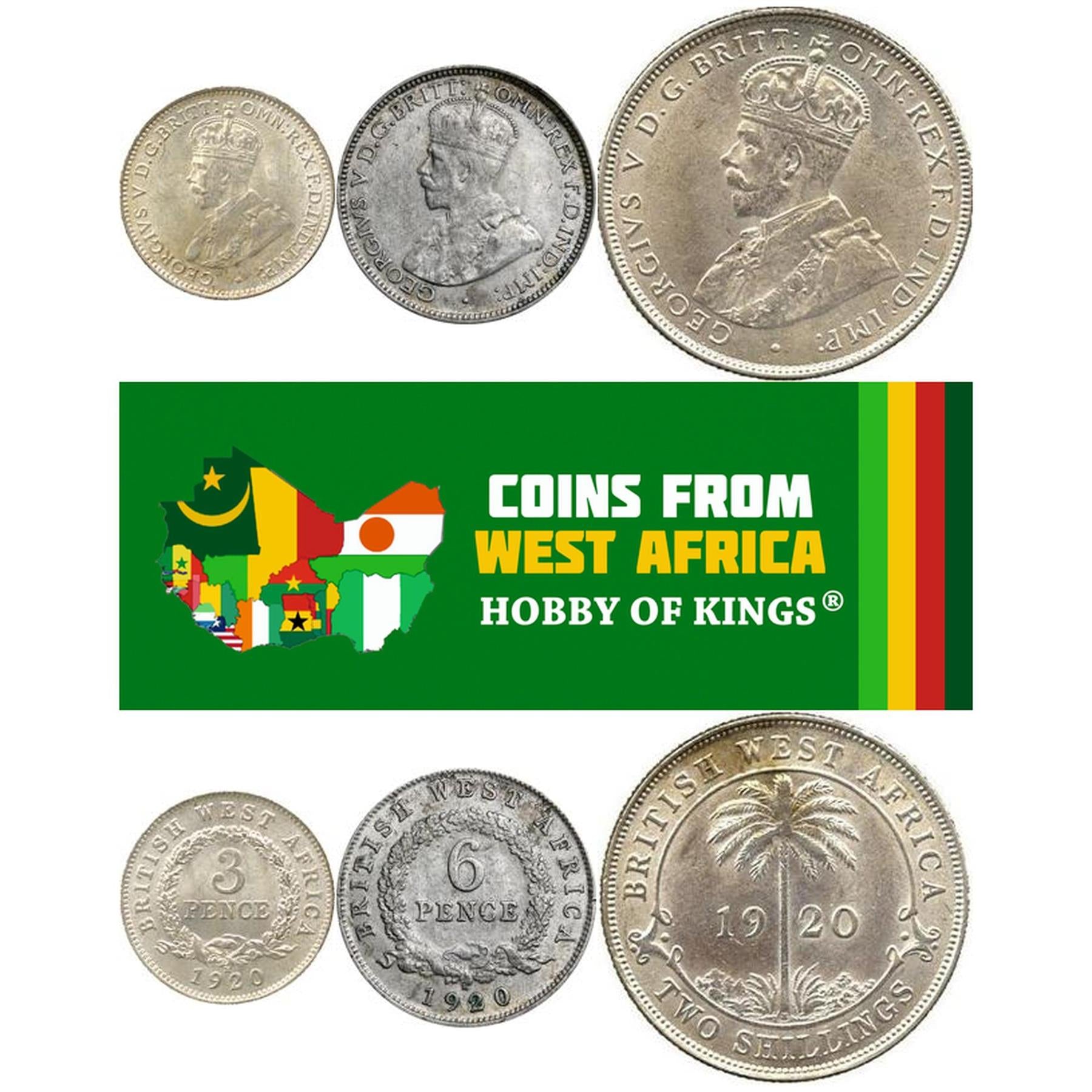 British West Africa | 3 Coin Set | 3 6 Pence 2 Shillings | 1920