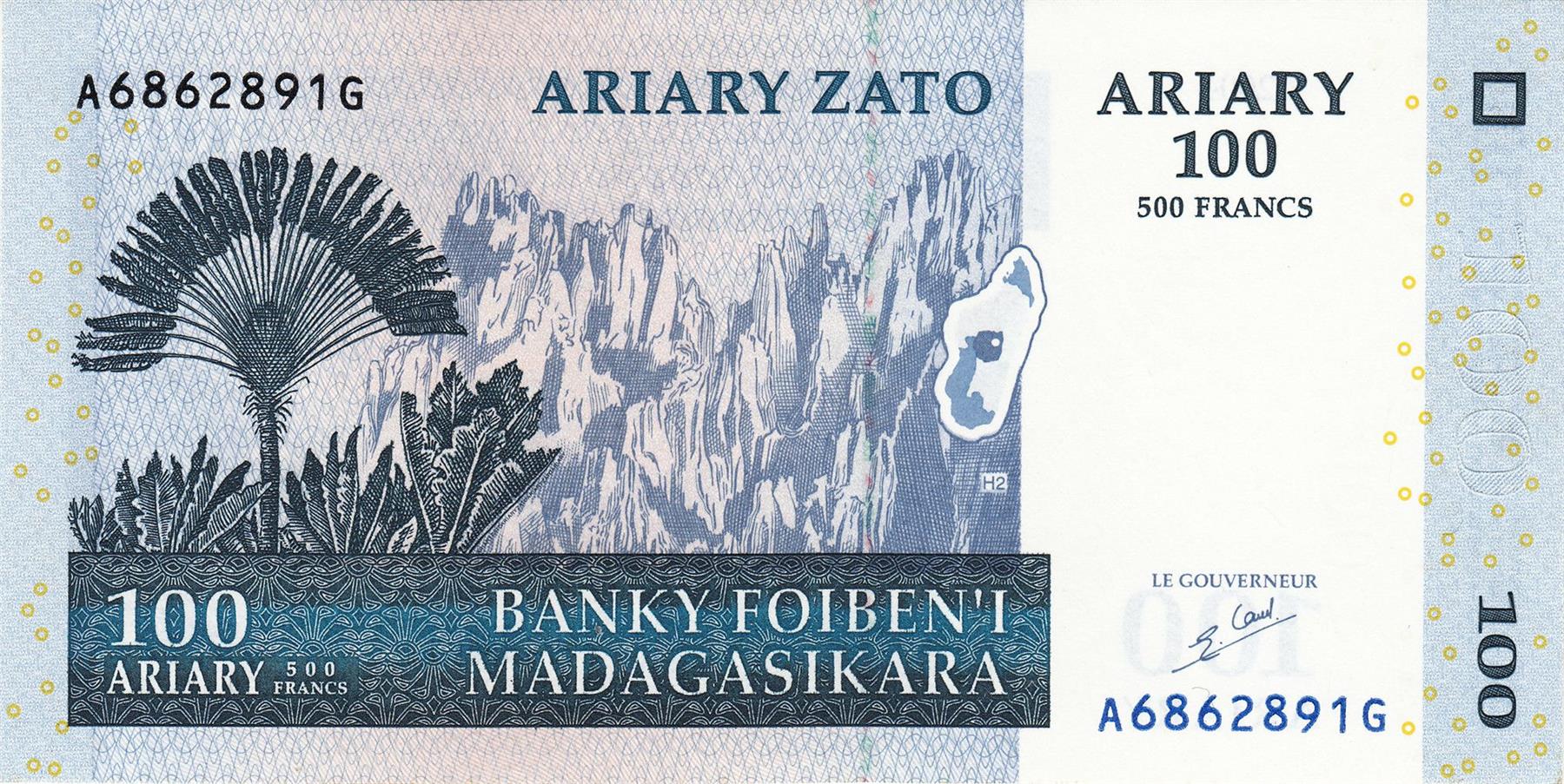 Madagascar | 100 Ariary / 500 Francs Banknote | 2004 | Ravinala Palm | Limestone Needle Forest | Map of Madagascar | Sugar Loaf Hill