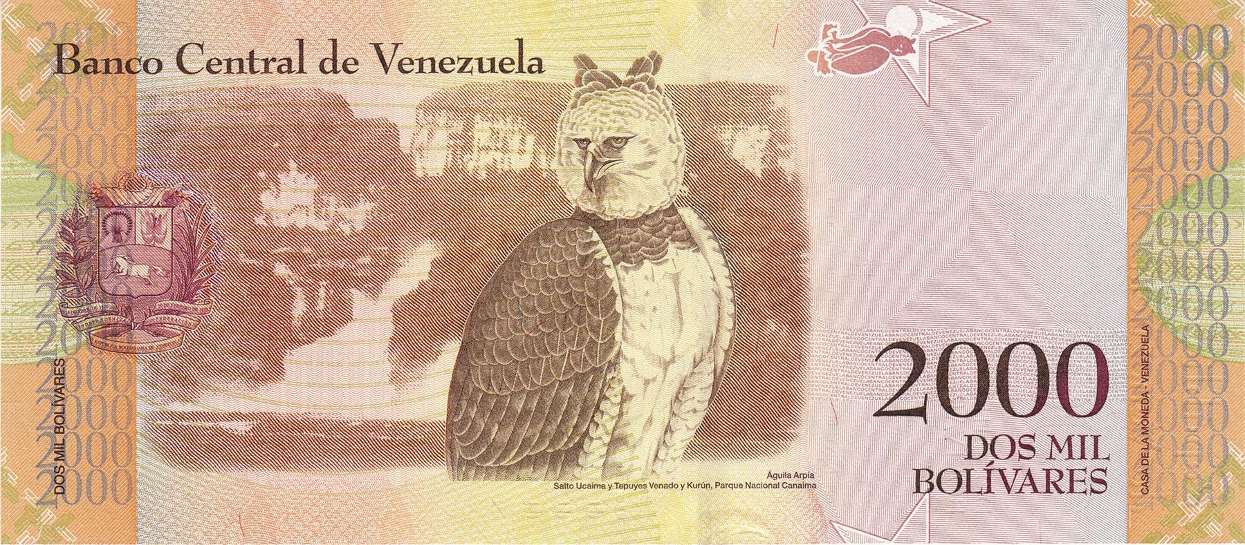 Venezuela | 2000 Bolivares Banknote | 2016 | Cacique Guaicaipuro | Spears | Masks | Harpy Eagle | Ucaima Falls