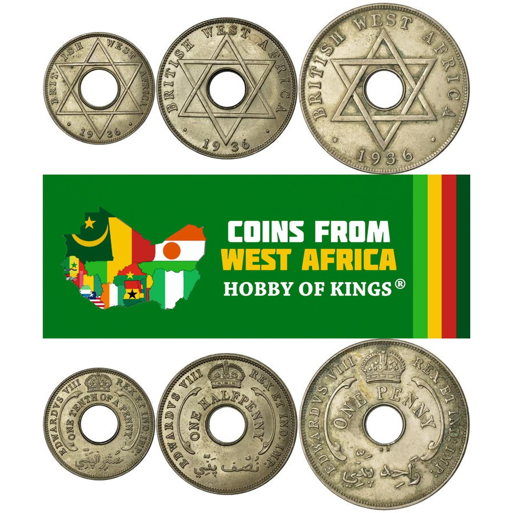 British West Africa | 3 Coin Set | 1/10 1/2 1 Penny | 1936