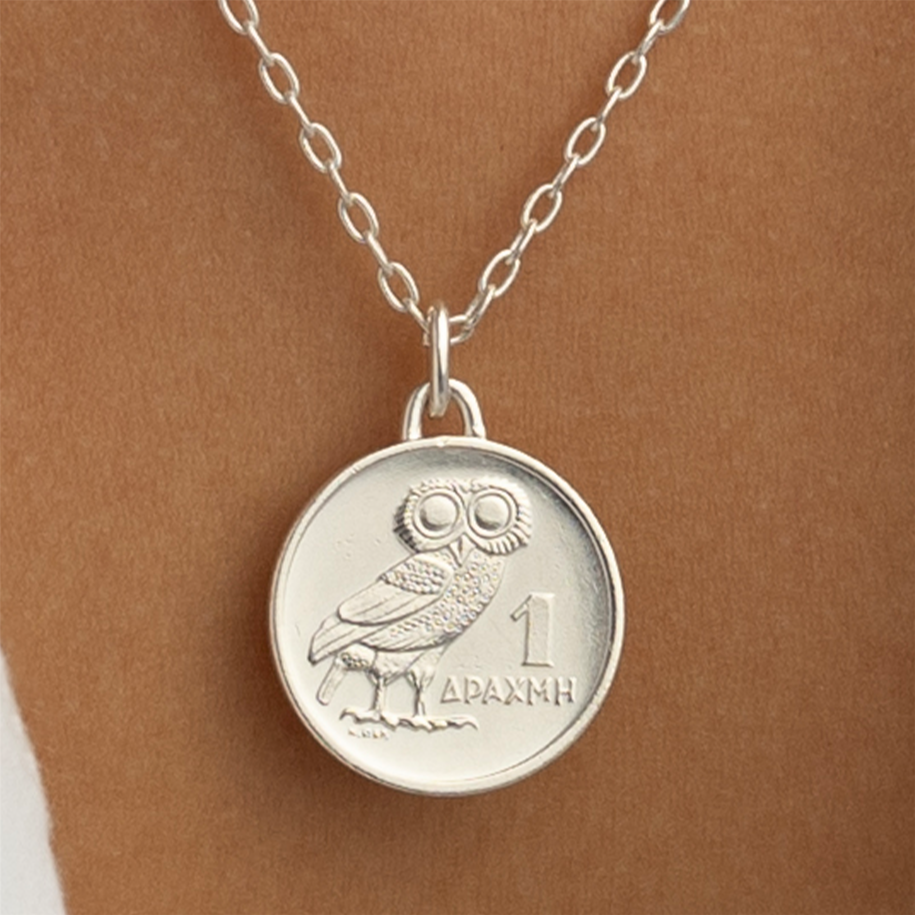 Rhodium Plated Genuine Greek 1 Drachma Coin Necklace | Medallion | Owl | 1973