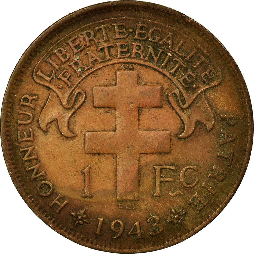 Madagascar | 1 Franc Coin | Rooster | Lorraine Cross | Km:2 | 1943