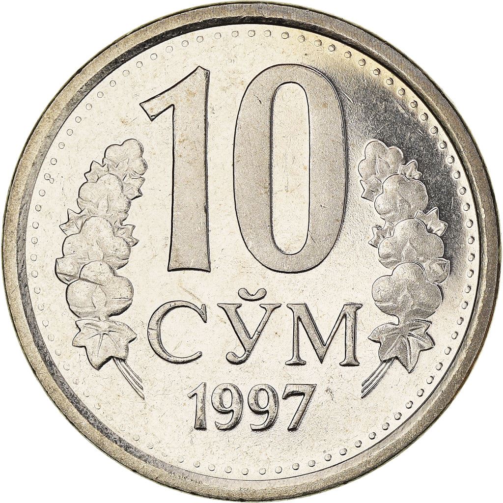 Uzbekistan | 10 SoʻM Coin | Wreath | Cotton | Wheat | Sun | Huma Bird | KM:10 | 1997 - 2000