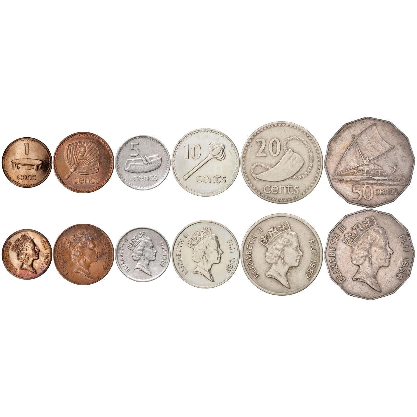 Fijian 6 Coin Set 1 2 5 10 20 50 Cents | Elizabeth II | Canoe | Drum | Kava bowl | Sperm whale tooth | 1986 - 1987