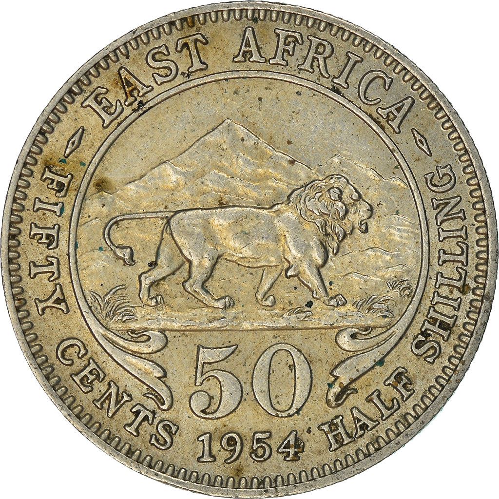 East Africa | 50 Cents Coin | Elizabeth II | Lion | Mountains | Km:36 | 1954 - 1963