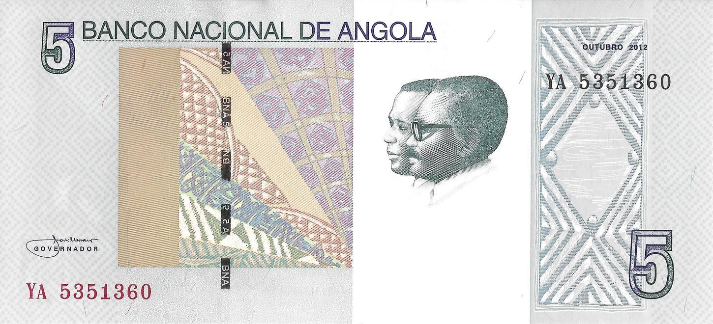 Angola | 5 Kwanzas Banknote | 2012 | José Eduardo dos Santos | António Agostinho Neto | Ruacana Waterfall