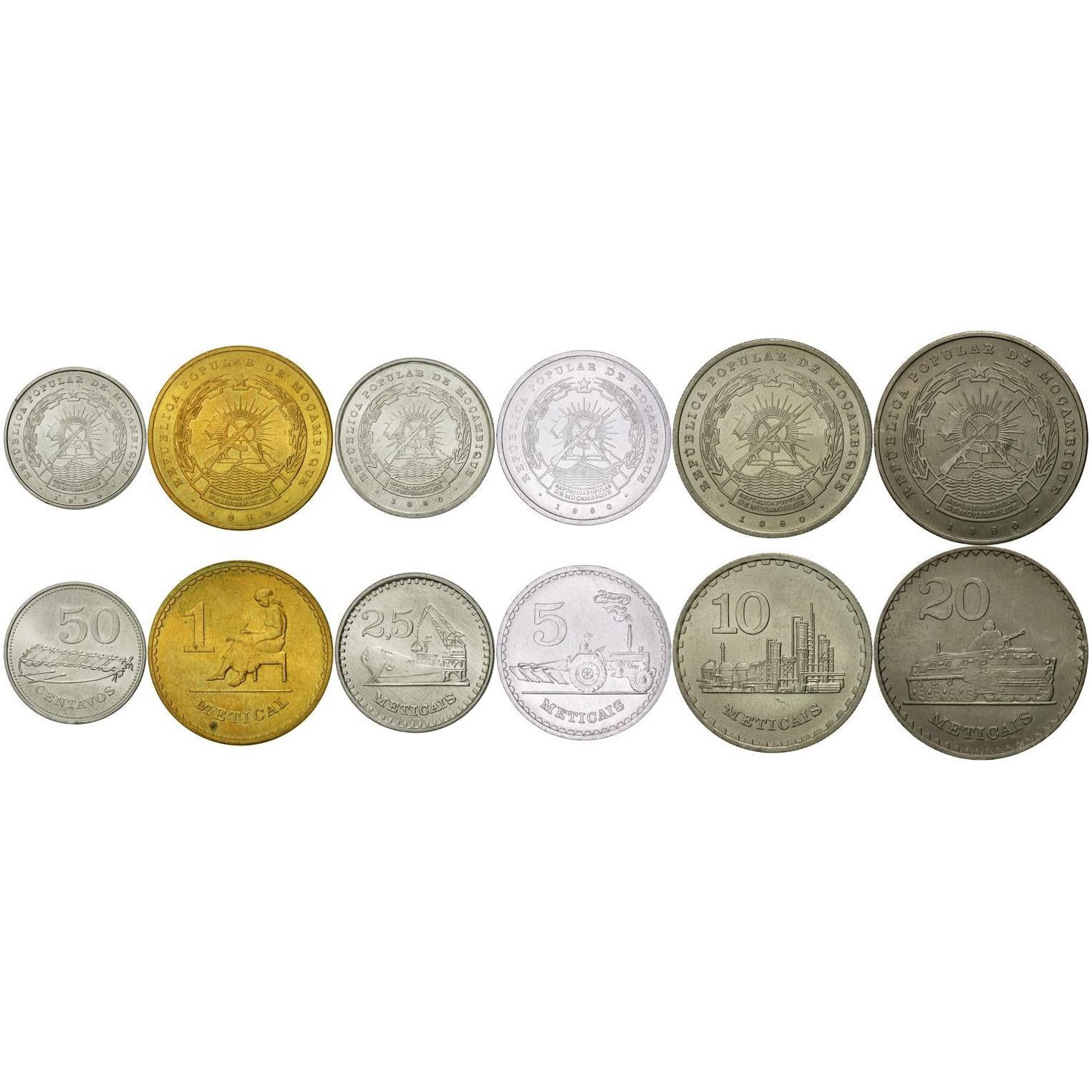 Mozambique | 6 Coin Set | 50 Centavos 1 Metical 5 10 20 Meticais | 1980 - 1986