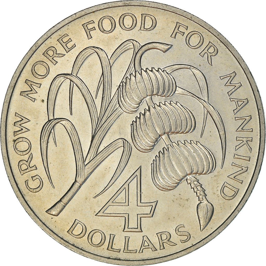 Barbados 4 Dollars Coin | Queen Elizabeth II | FAO | Sugar Cane | Banana Tree | KMA9 | 1970