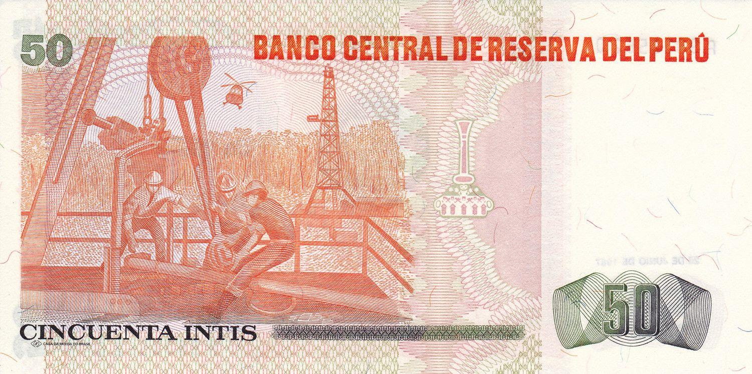 Peru | 50 Intis Banknote | 1985 - 1987 | Nicolás de Piérola | Drilling Rig | Helicopter