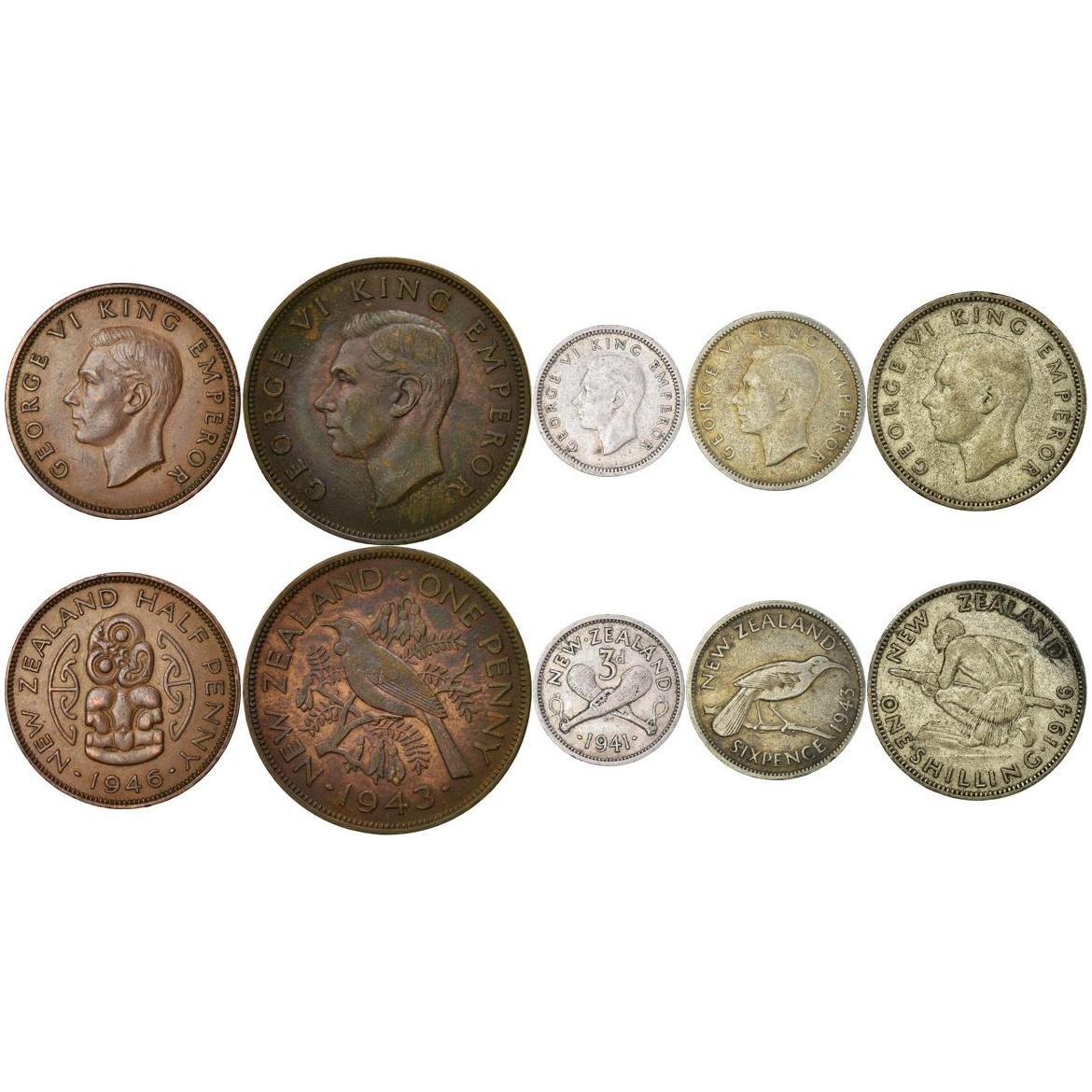 New Zealand | 5 Coin Set | 1/2 1 Penny 3 6 Pence 1 Shilling | 1937 - 1947